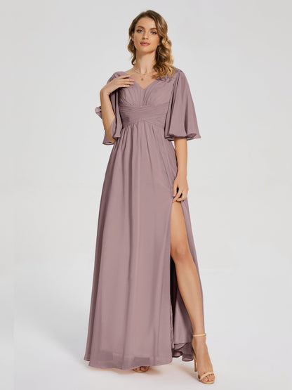 Amina Half Sleeves V-neck Chiffon Bridesmaid Dress