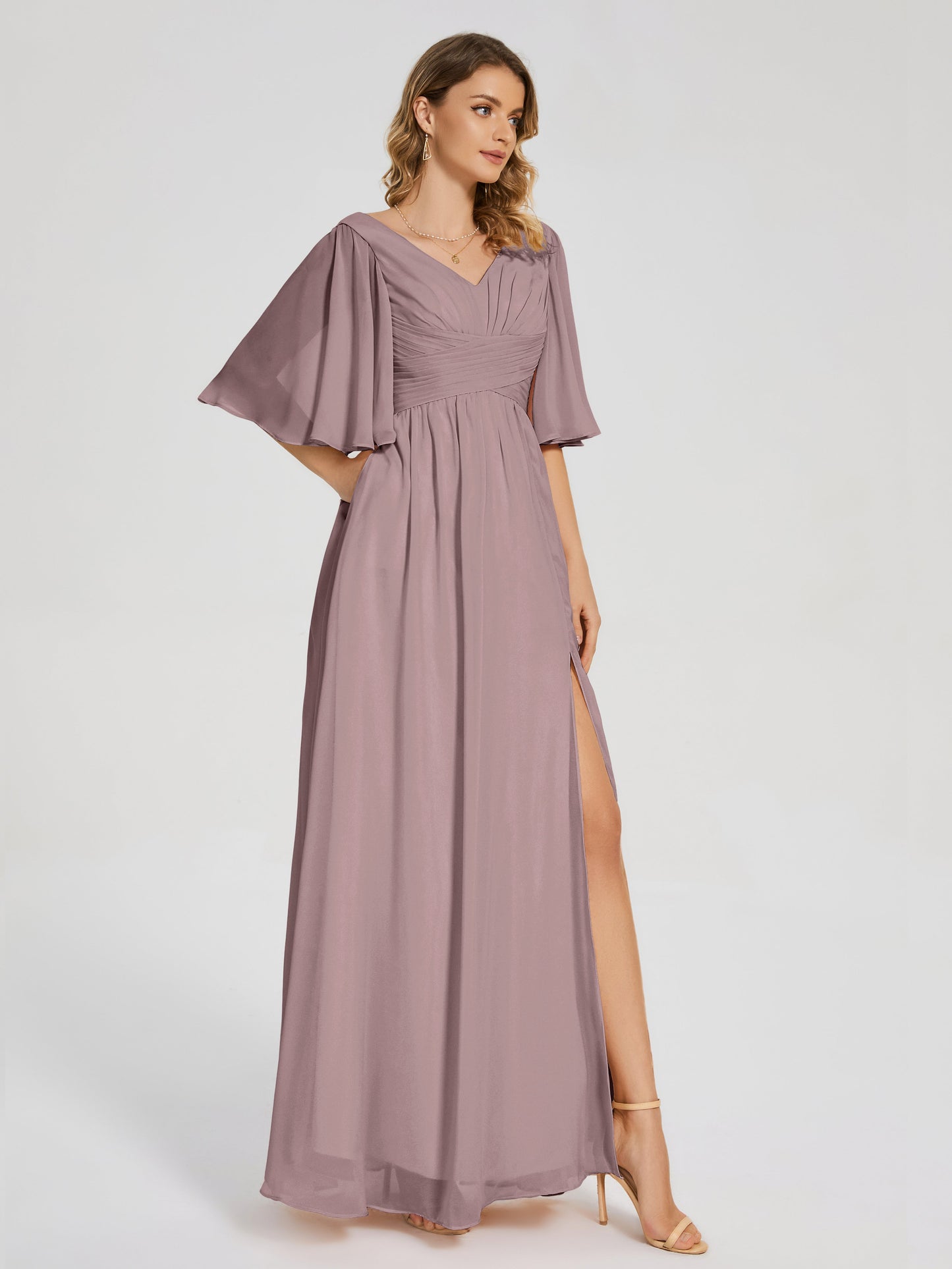 Amina Half Sleeves V-neck Chiffon Bridesmaid Dress