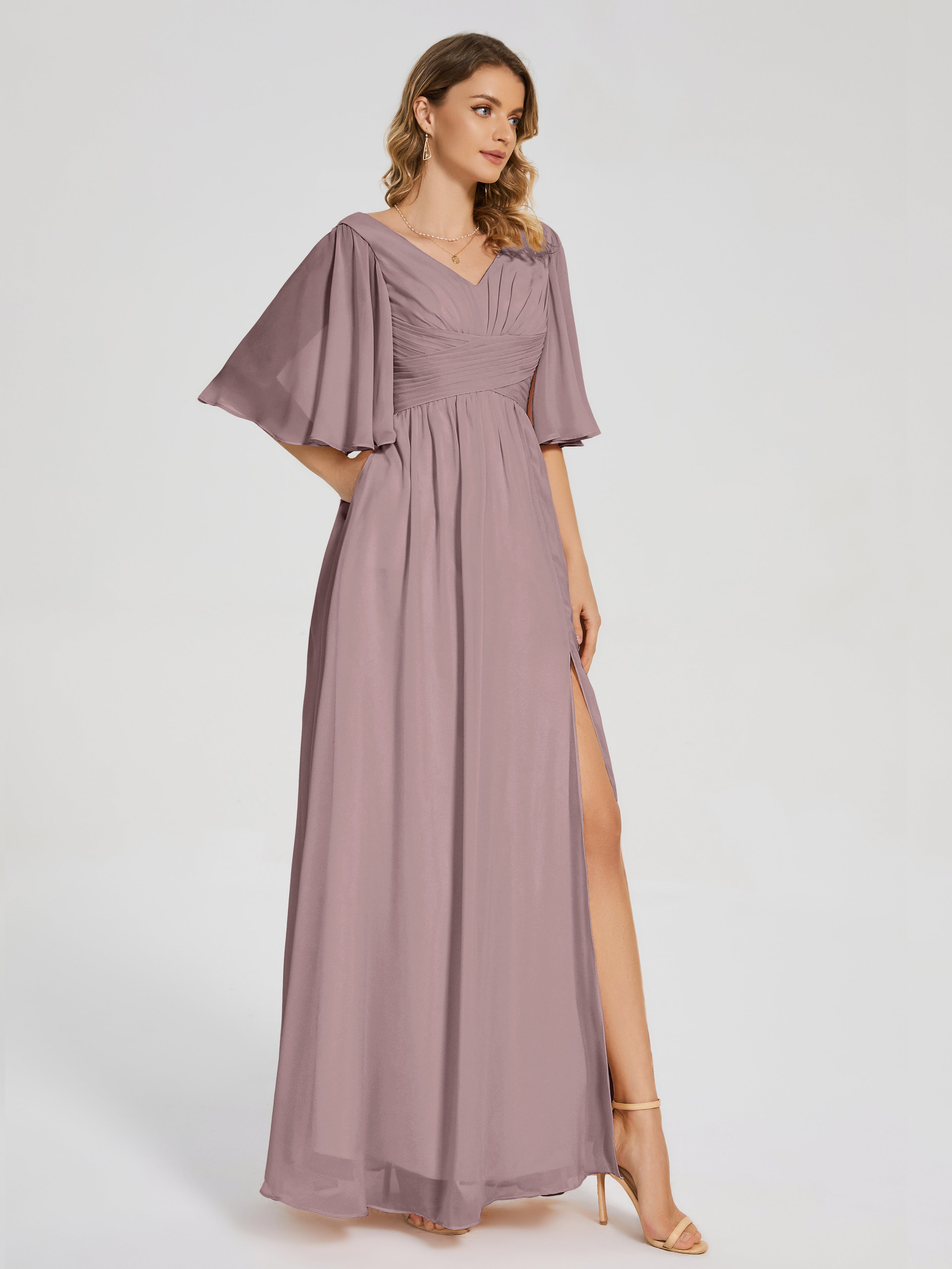Amina Half Sleeves V-neck Chiffon Bridesmaid Dress