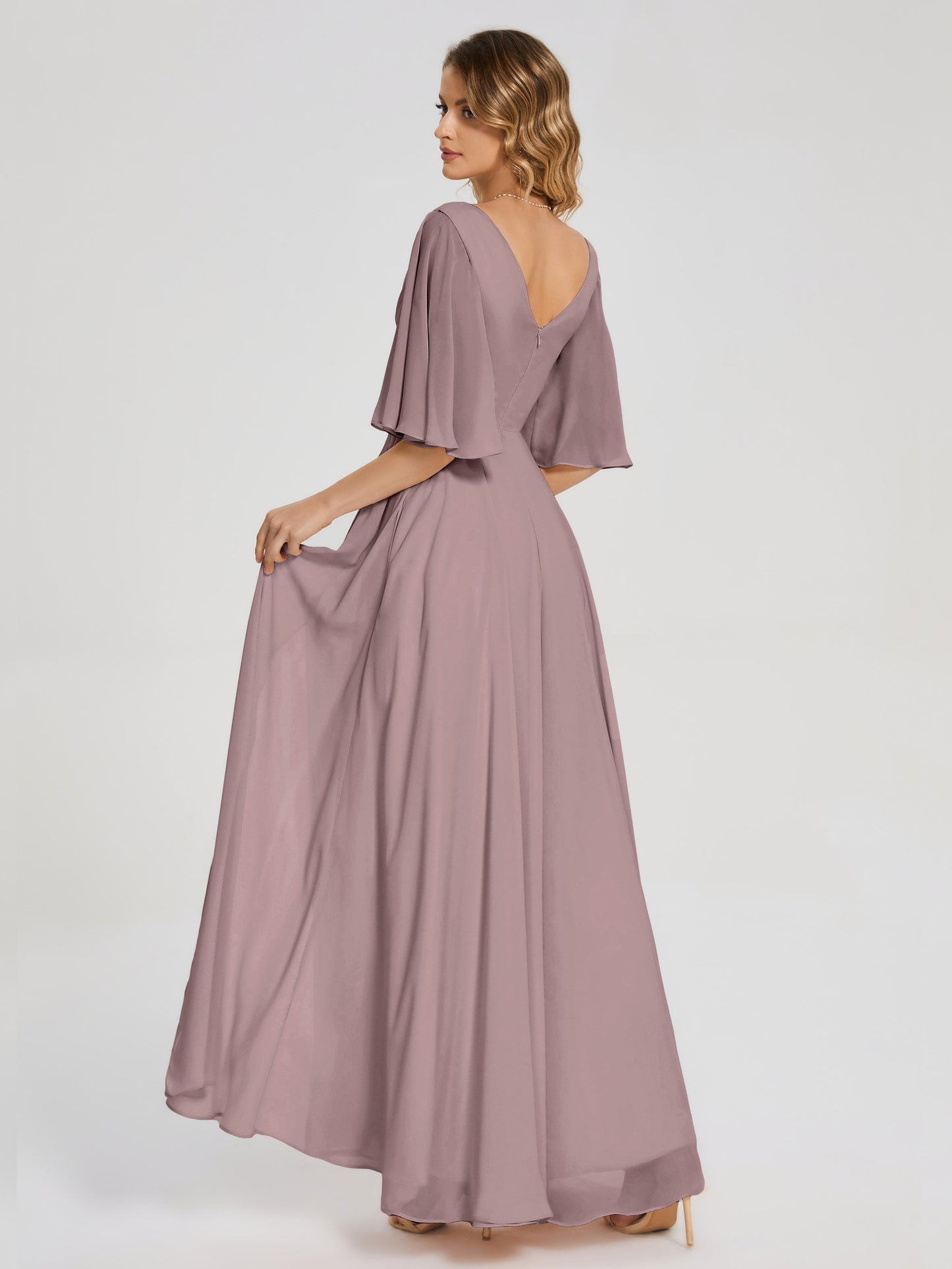 Amina Half Sleeves V-neck Chiffon Bridesmaid Dress