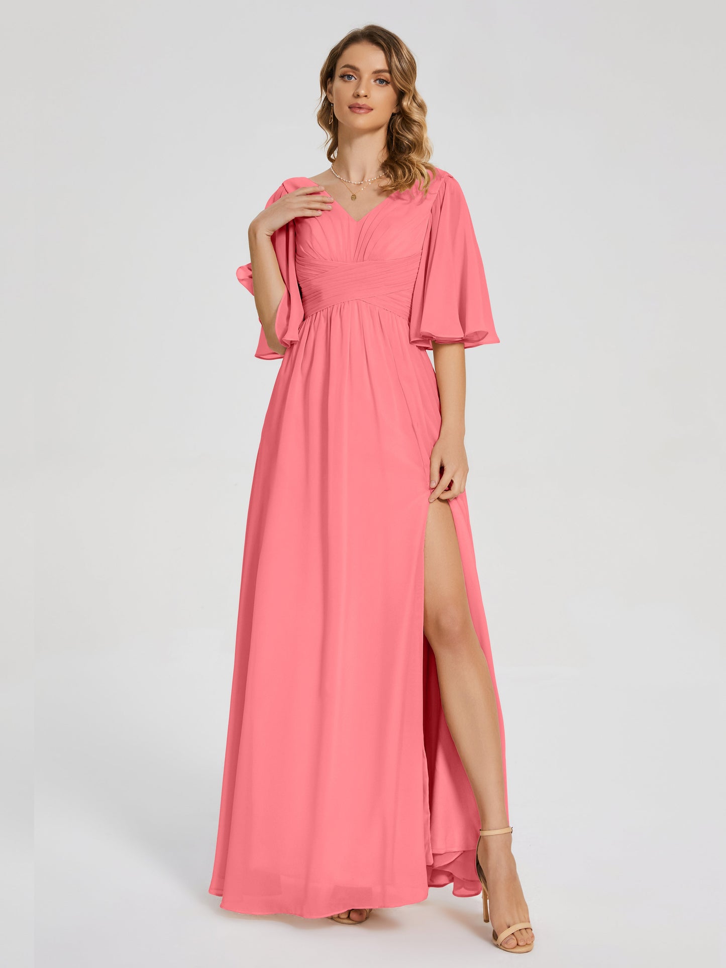 Amina Half Sleeves V-neck Chiffon Bridesmaid Dress