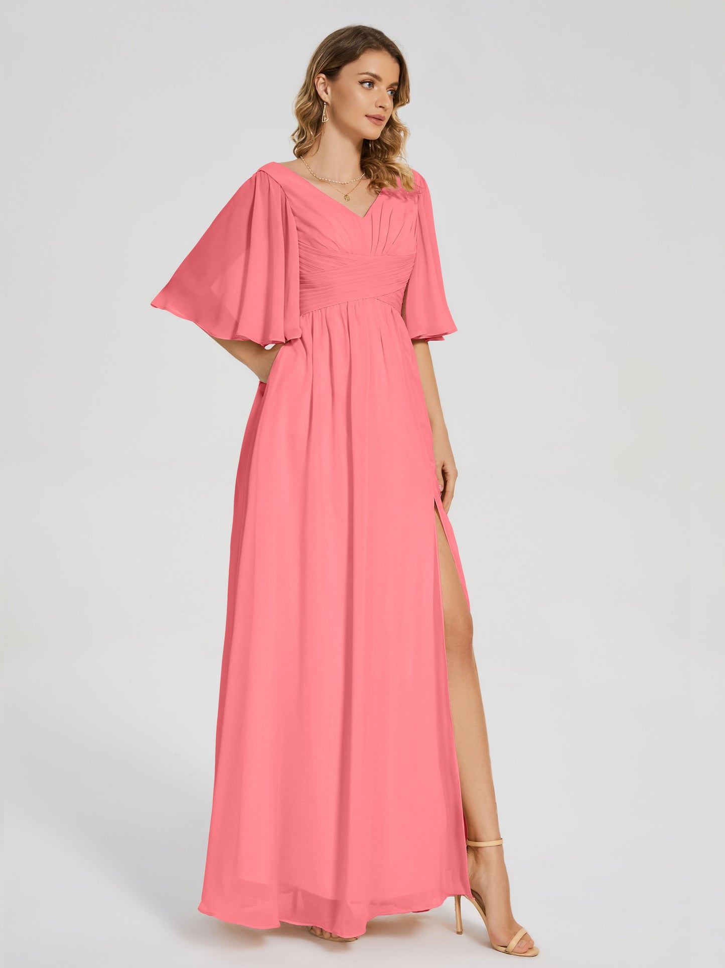 Amina Half Sleeves V-neck Chiffon Bridesmaid Dress