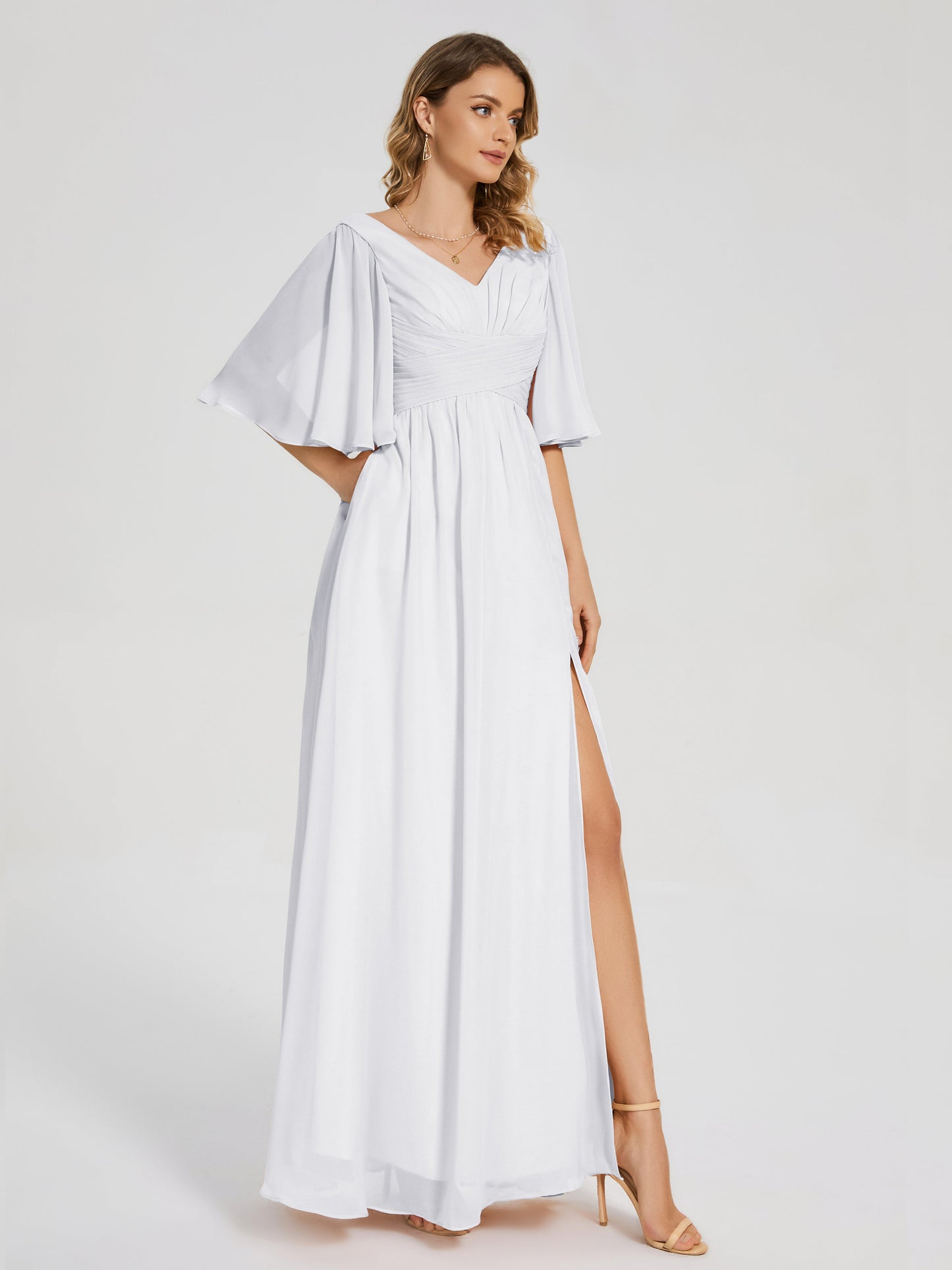 Amina Half Sleeves V-neck Chiffon Bridesmaid Dress