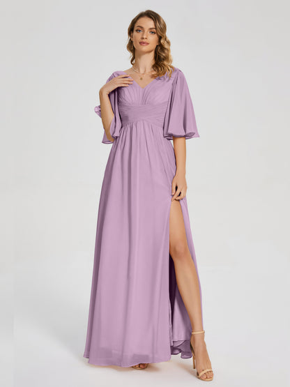 Amina Half Sleeves V-neck Chiffon Bridesmaid Dress