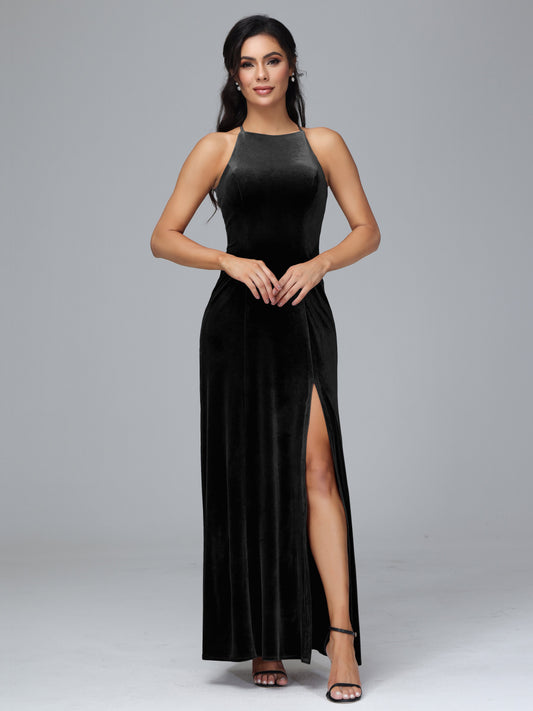 Halter Open Back Velvet Bridesmaid Dress