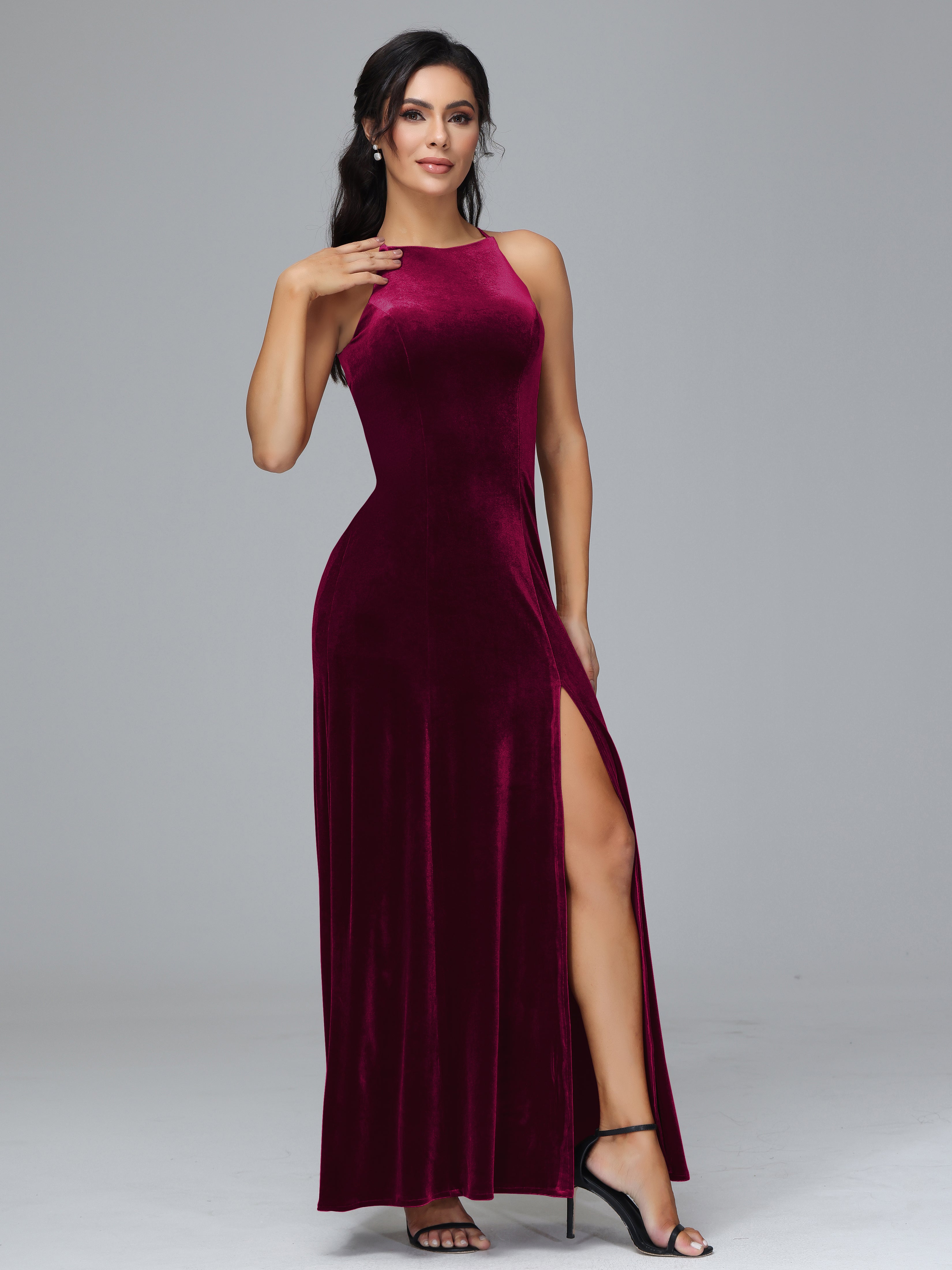 Halter Open Back Velvet Bridesmaid Dress