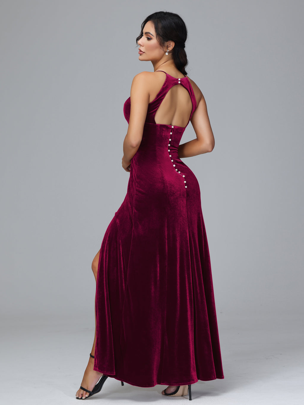 Halter Open Back Velvet Bridesmaid Dress
