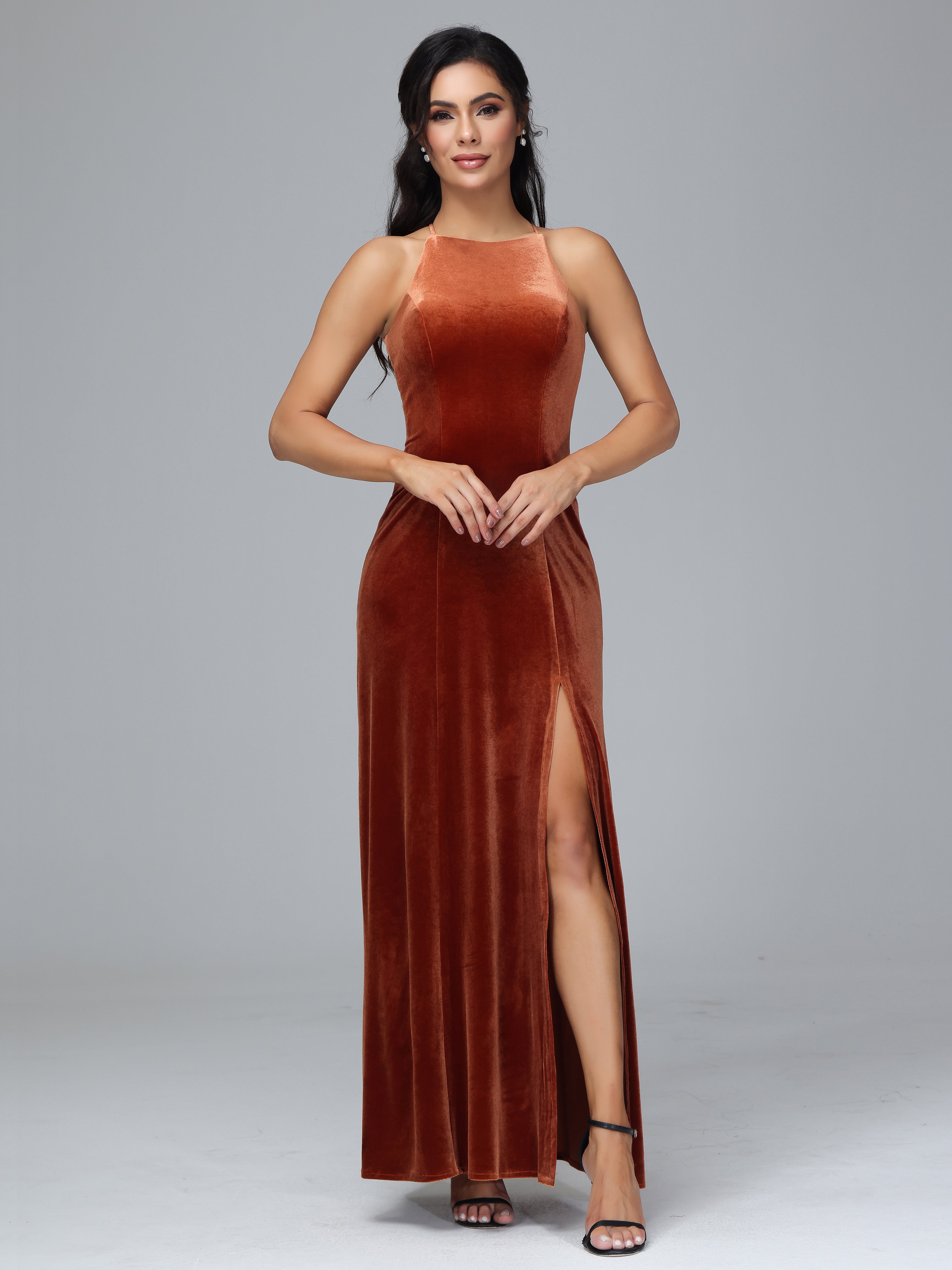 Halter Open Back Velvet Bridesmaid Dress