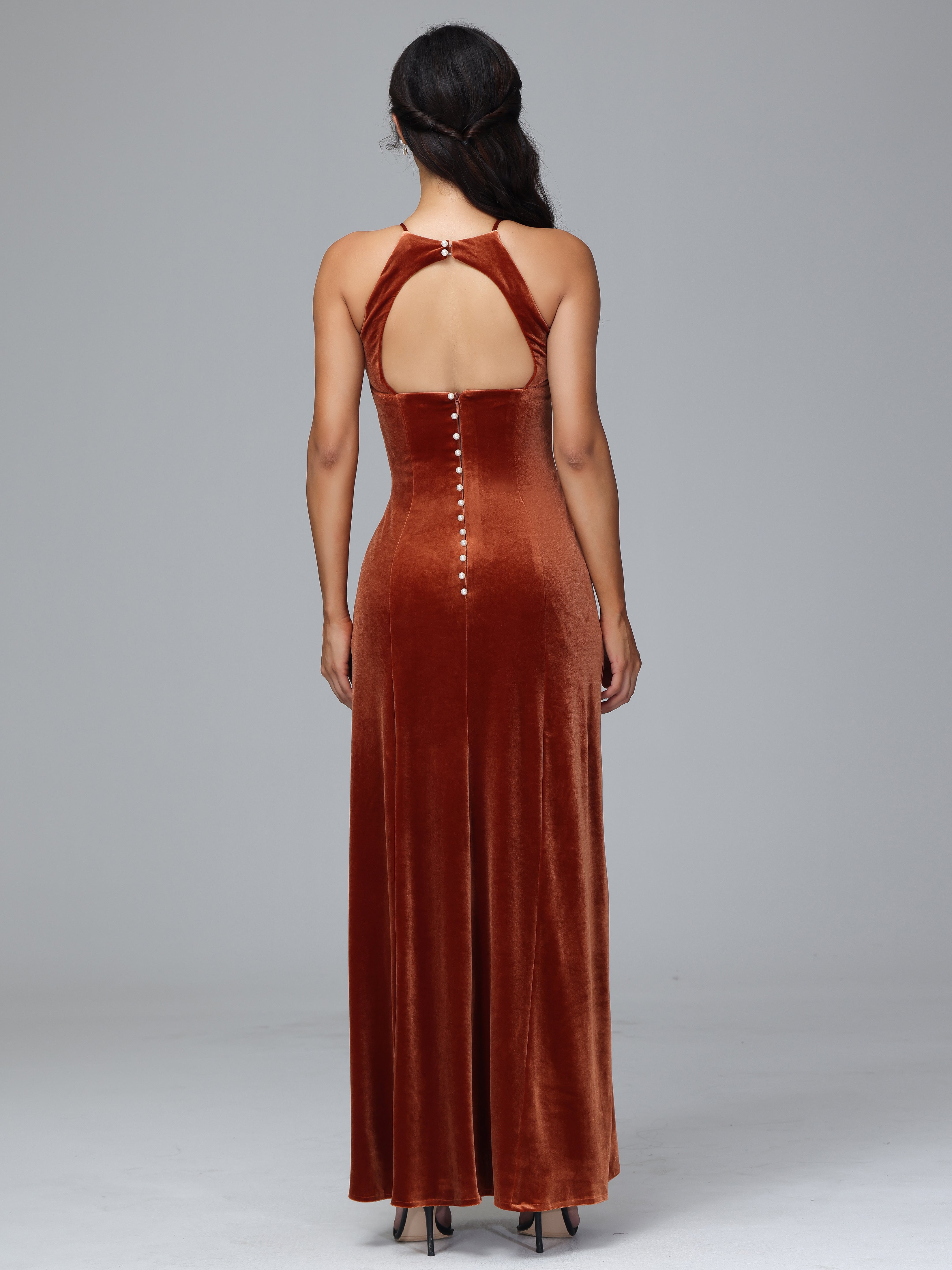Halter Open Back Velvet Bridesmaid Dress