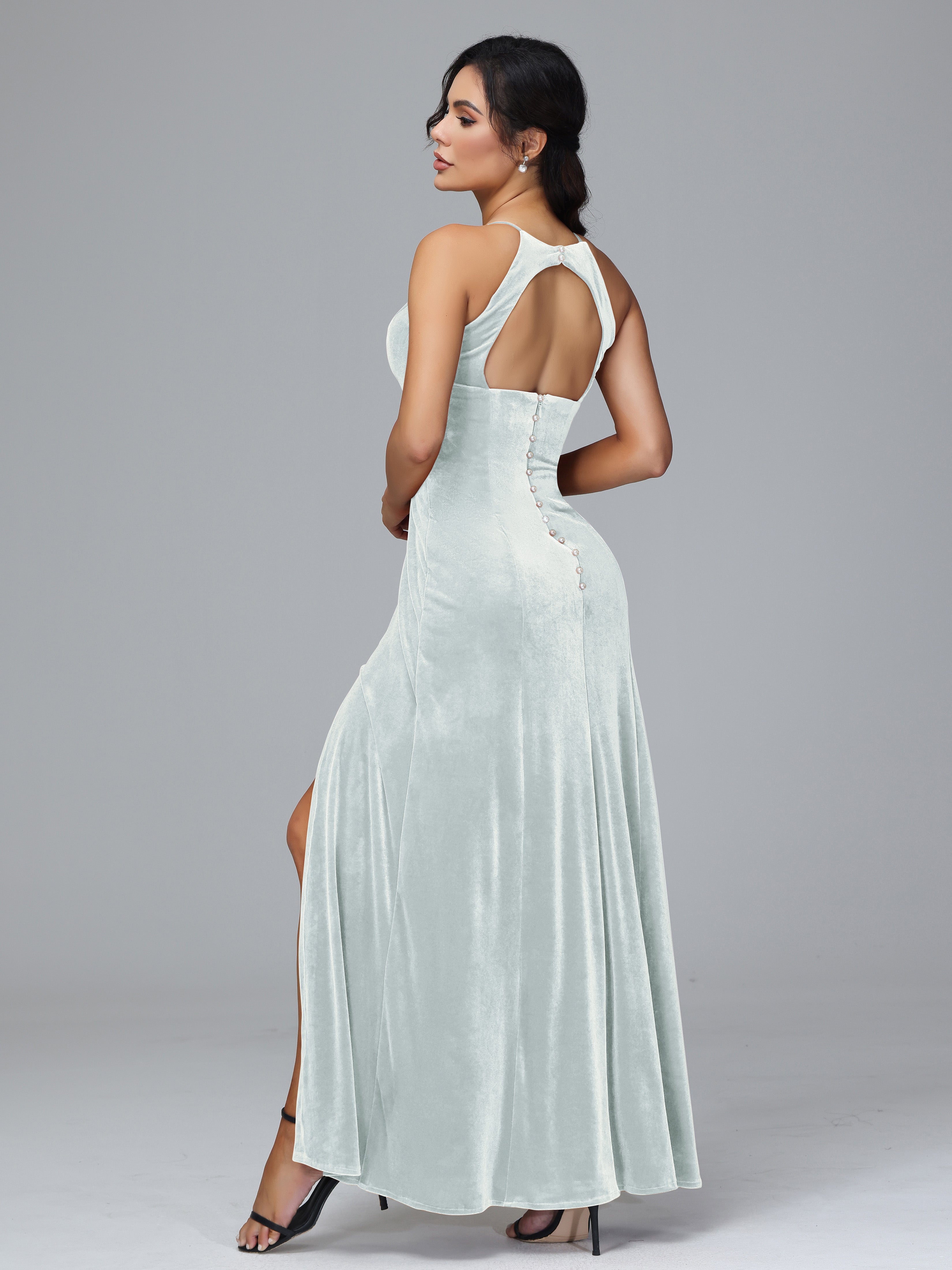 Halter Open Back Velvet Bridesmaid Dress