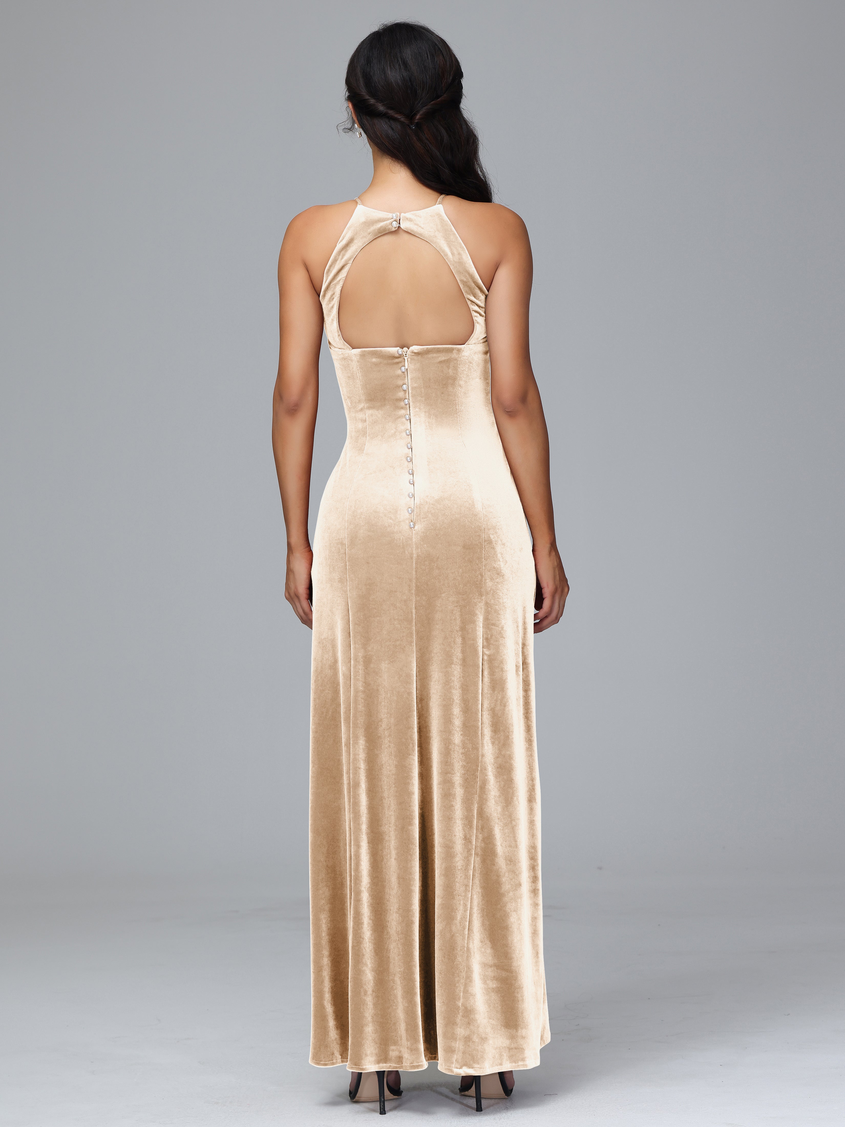 Halter Open Back Velvet Bridesmaid Dress
