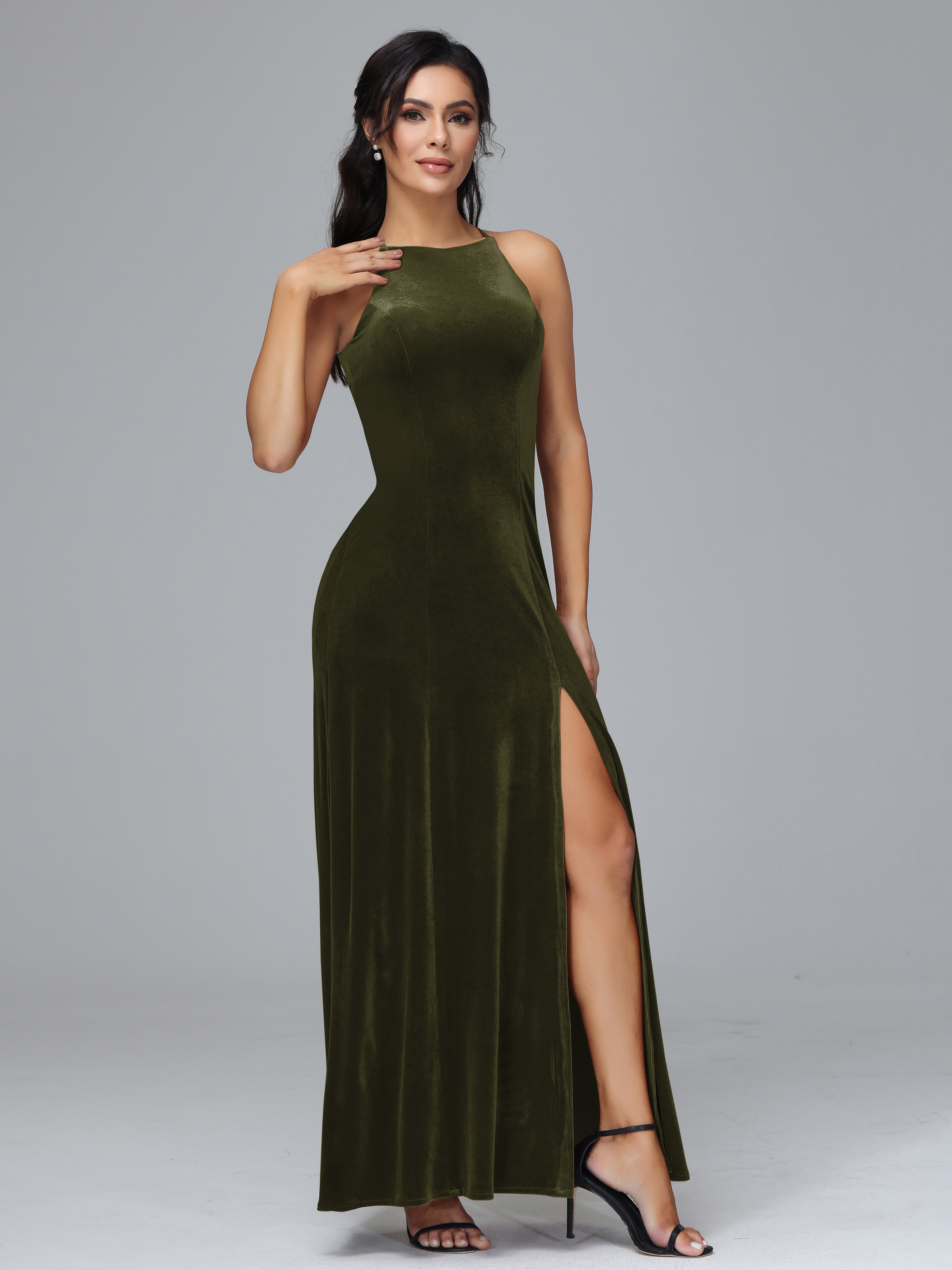 Halter Open Back Velvet Bridesmaid Dress