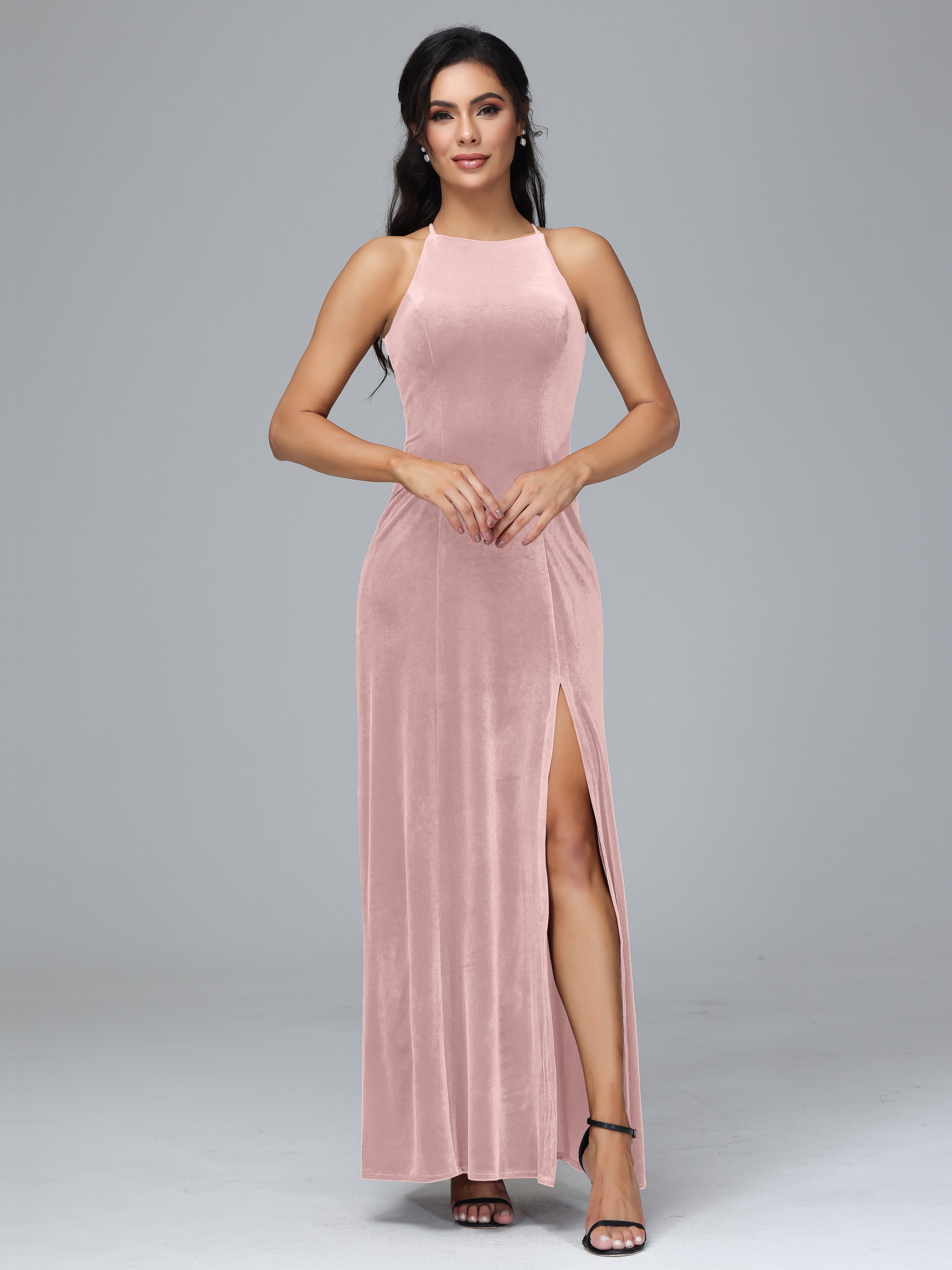 Halter Open Back Velvet Bridesmaid Dress