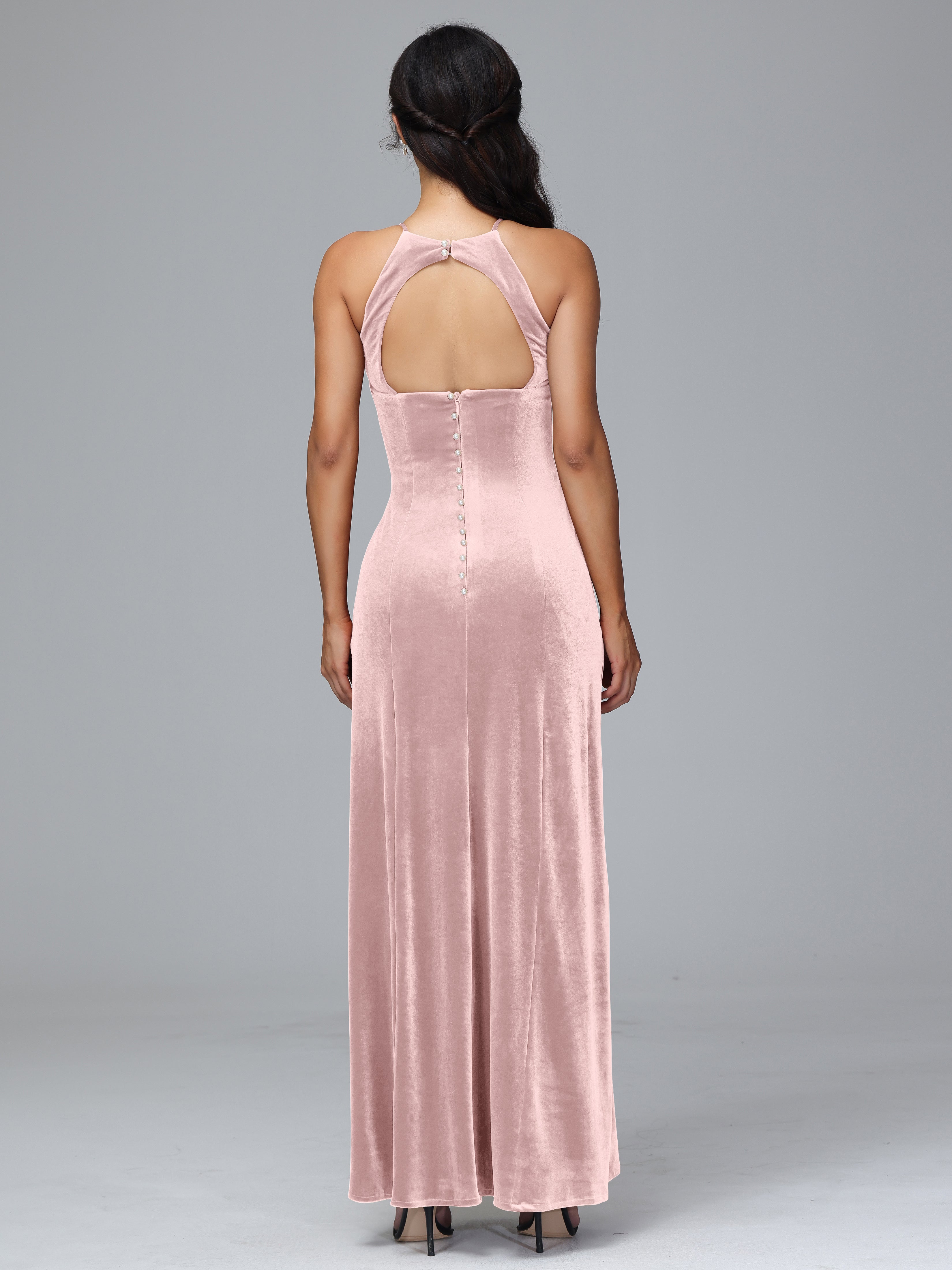 Halter Open Back Velvet Bridesmaid Dress