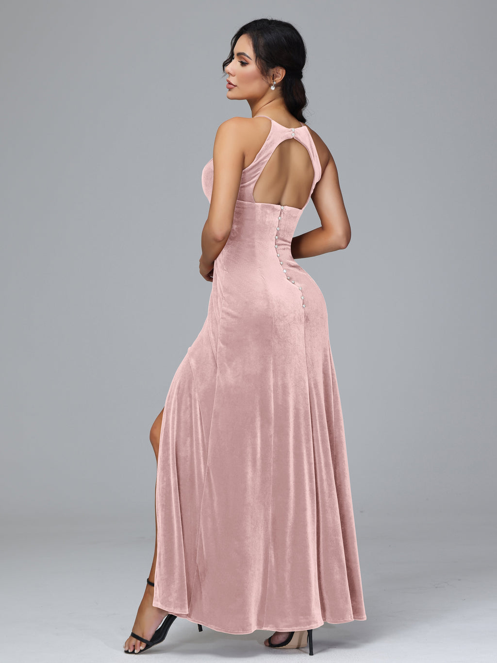 Halter Open Back Velvet Bridesmaid Dress