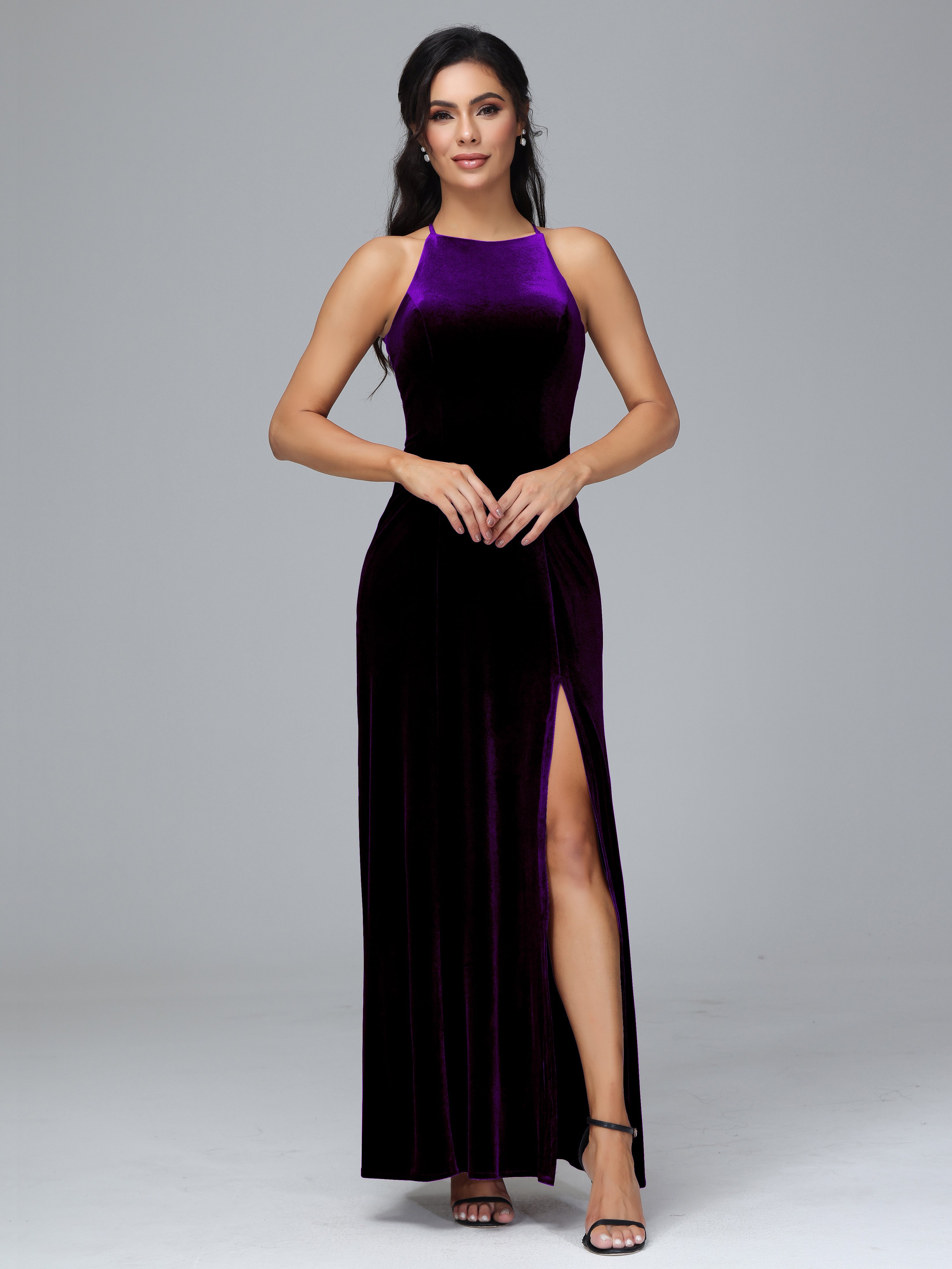 Halter Open Back Velvet Bridesmaid Dress