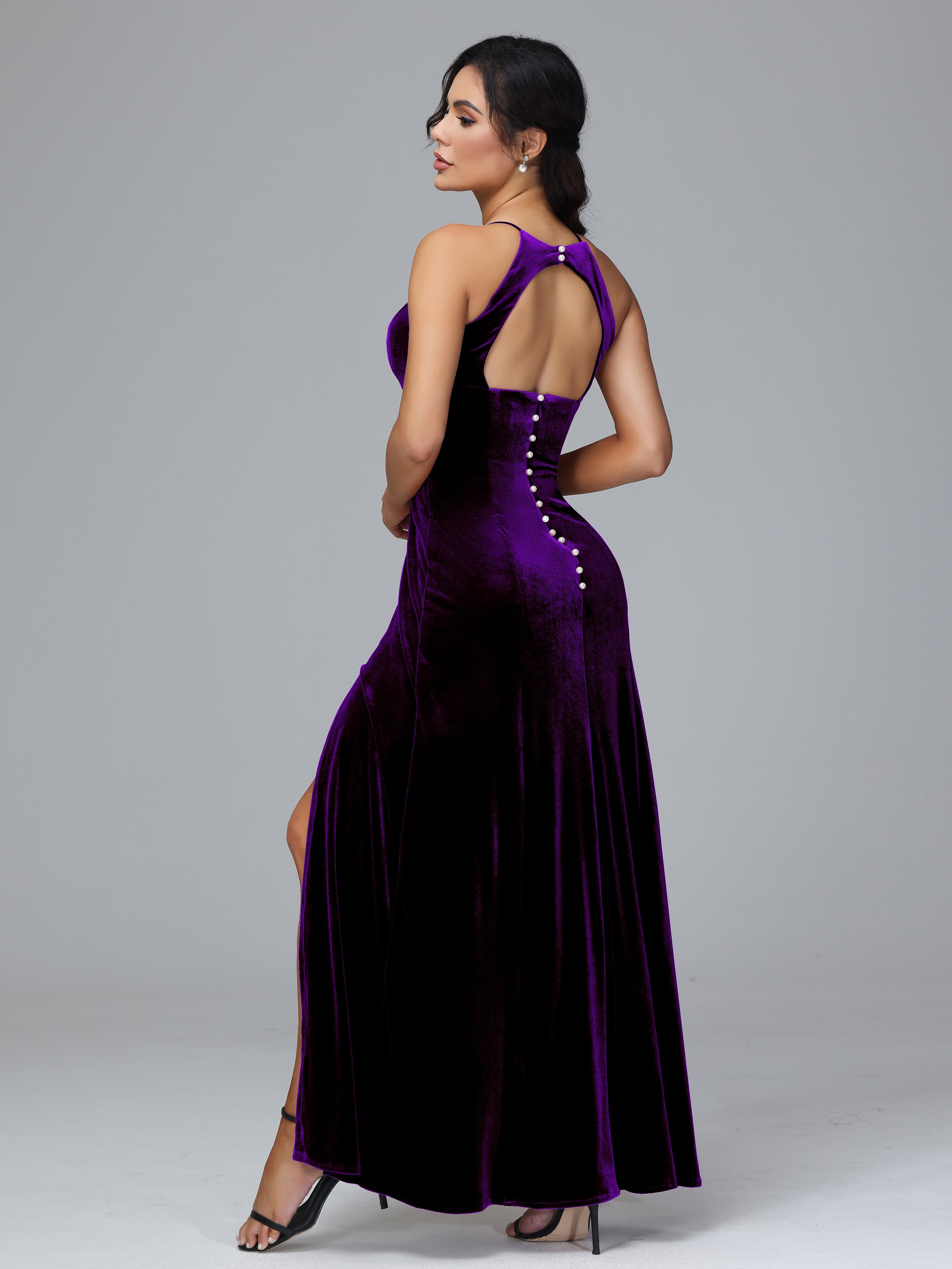 Halter Open Back Velvet Bridesmaid Dress