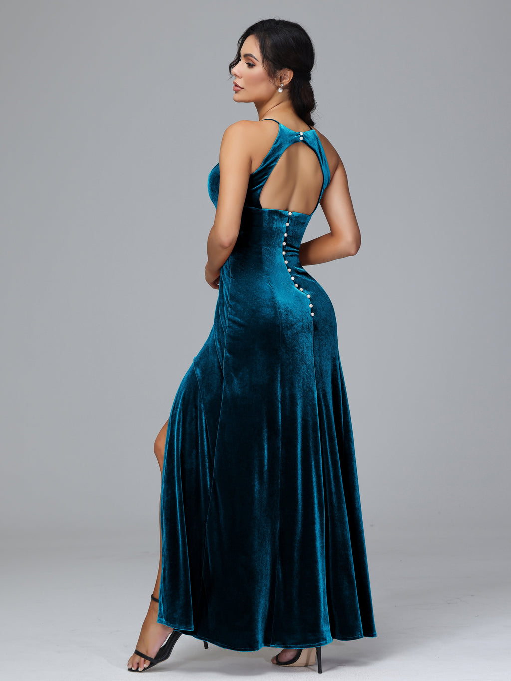 Halter Open Back Velvet Bridesmaid Dress