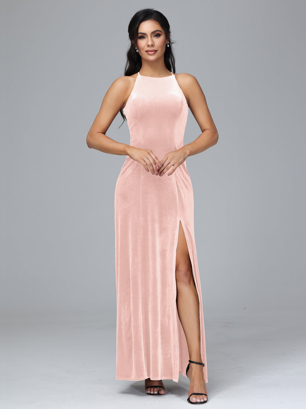 Halter Open Back Velvet Bridesmaid Dress