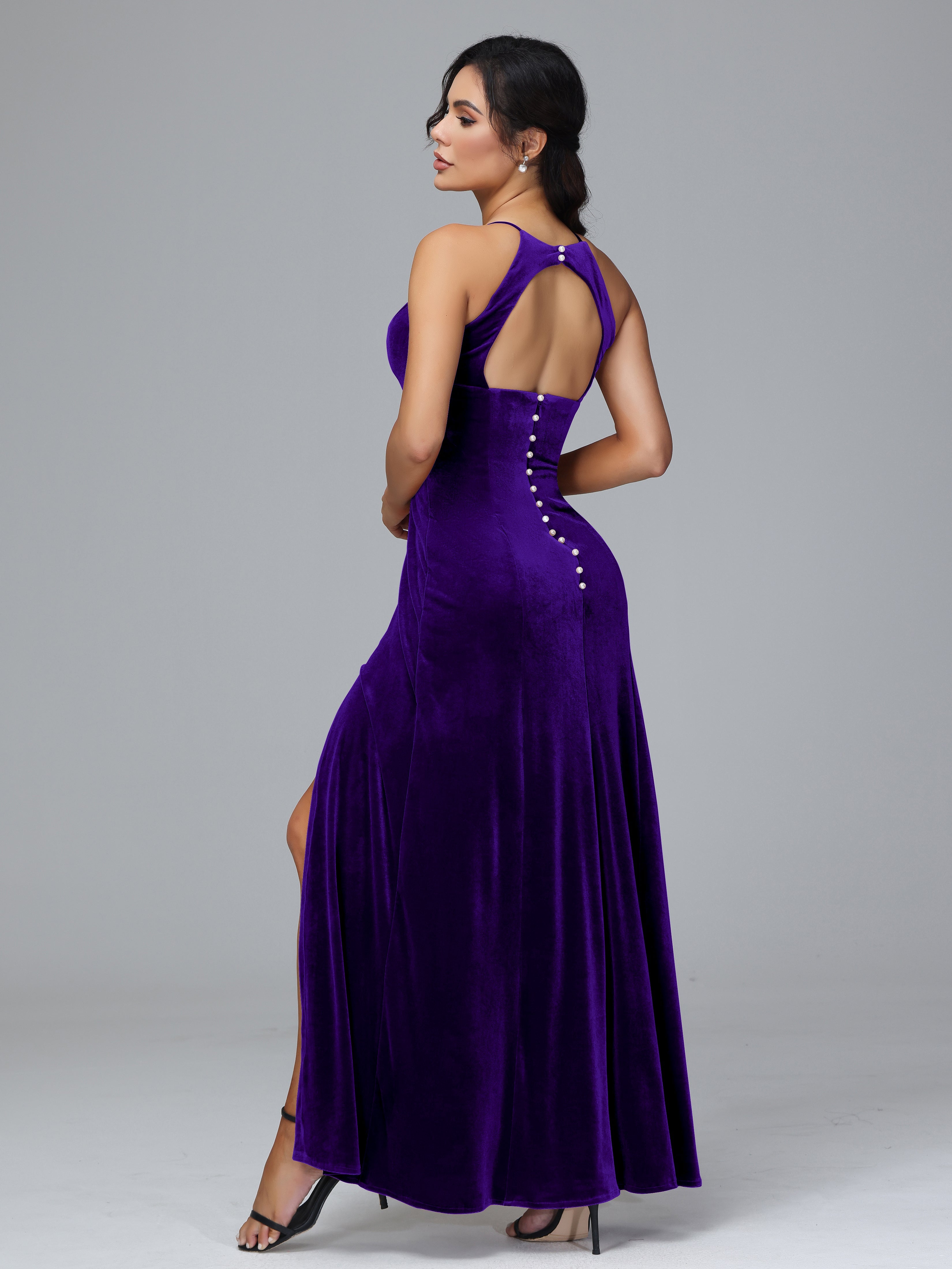 Halter Open Back Velvet Bridesmaid Dress