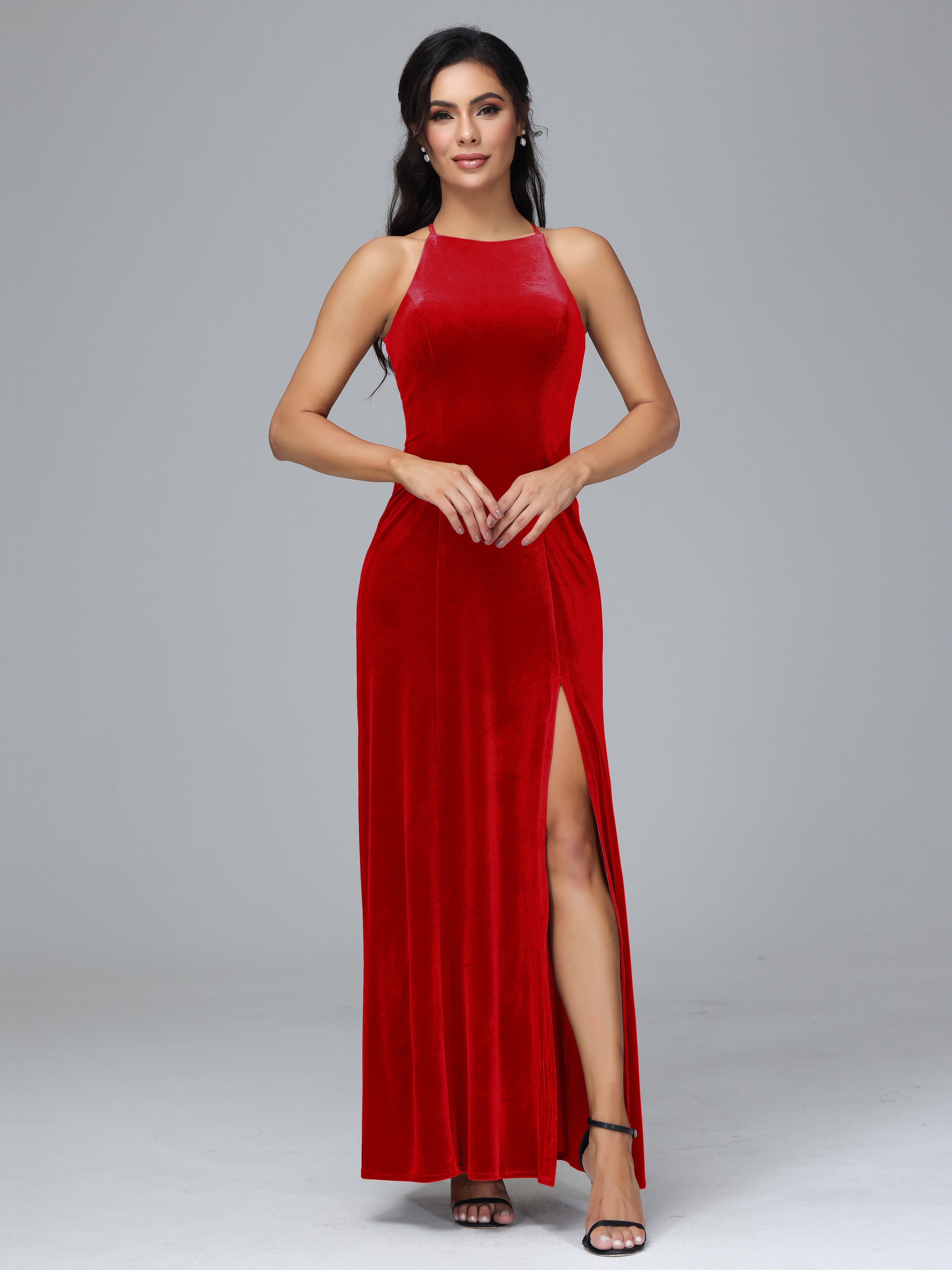 Halter Open Back Velvet Bridesmaid Dress