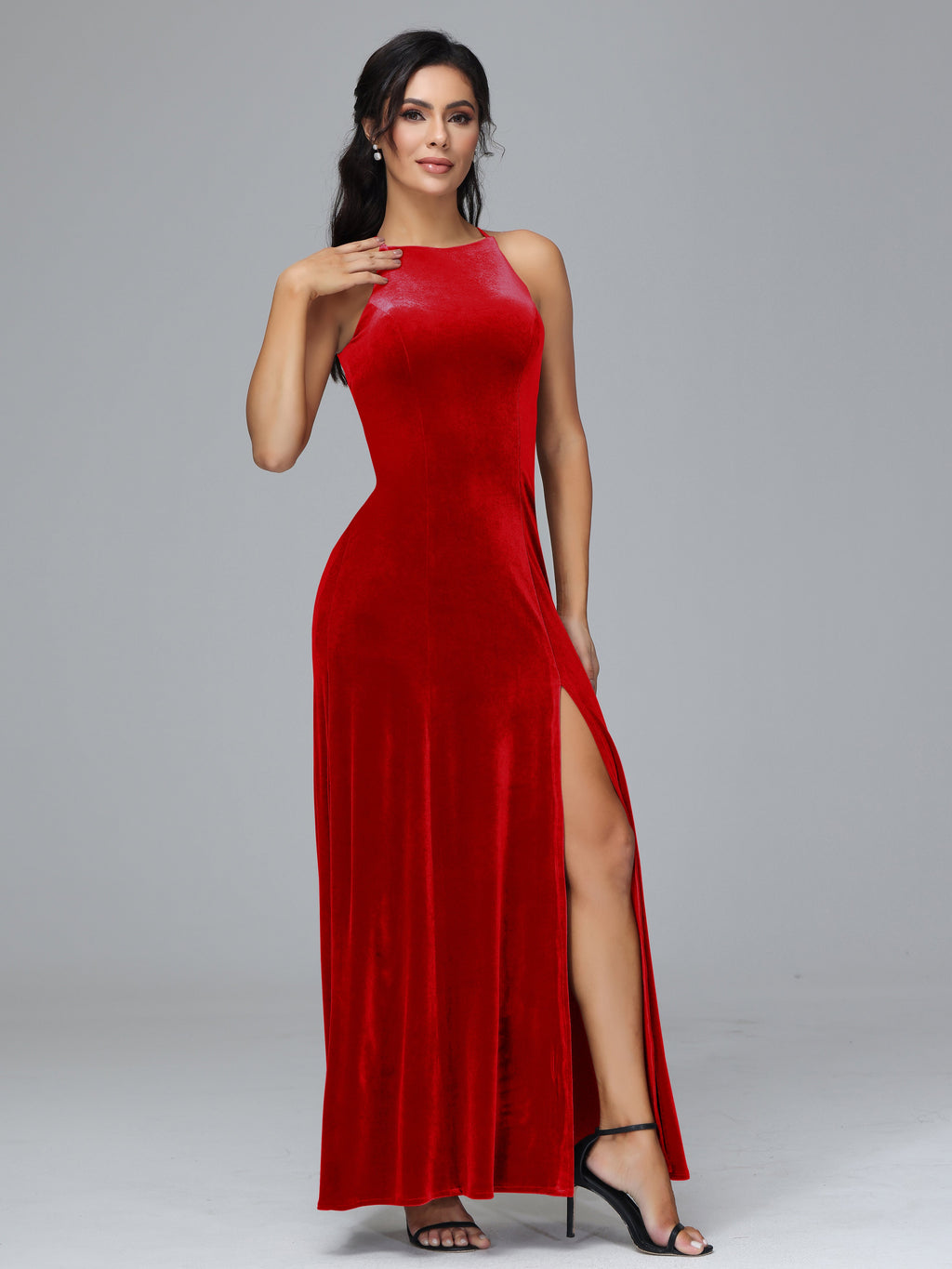 Halter Open Back Velvet Bridesmaid Dress