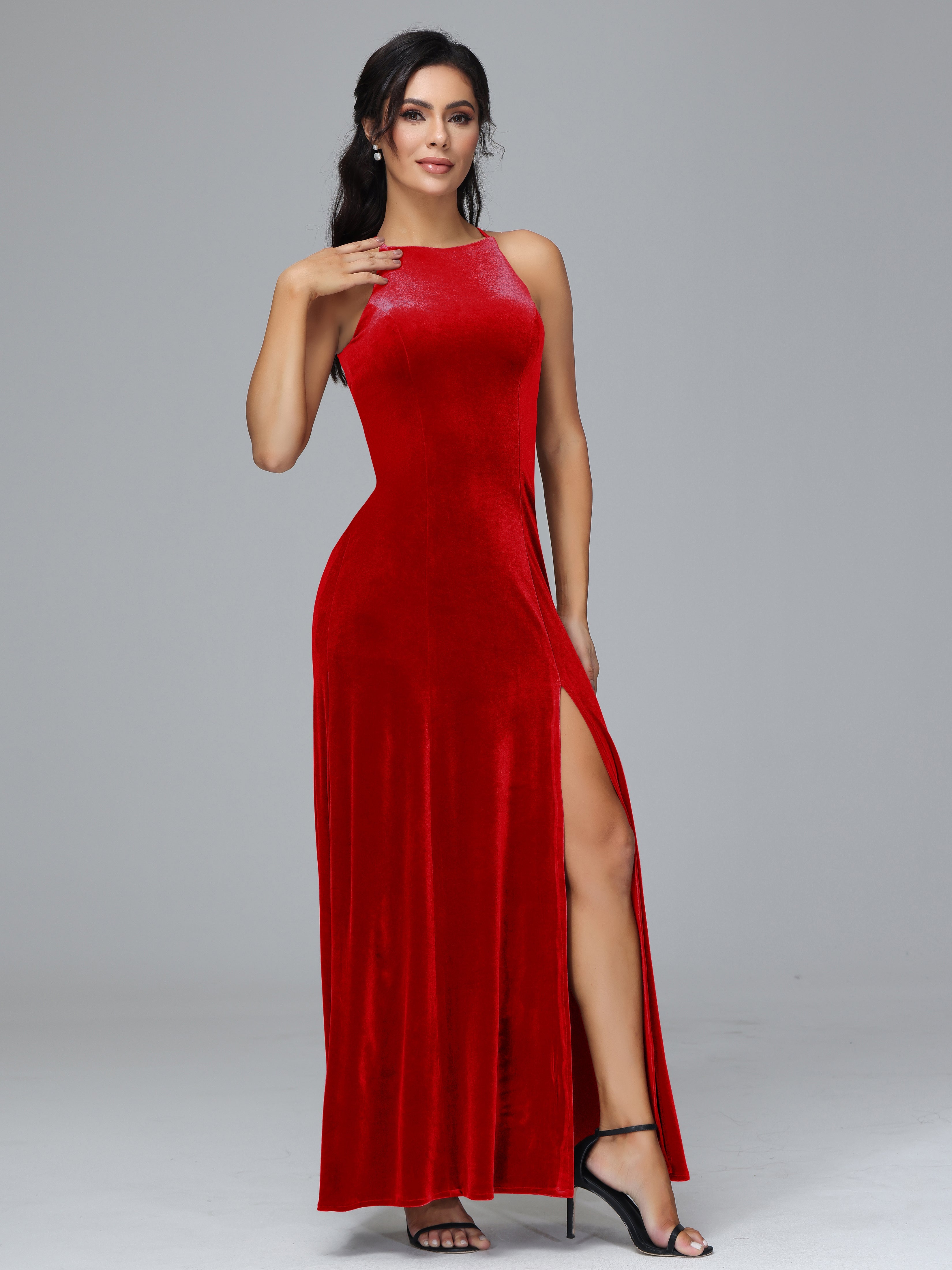 Halter Open Back Velvet Bridesmaid Dress