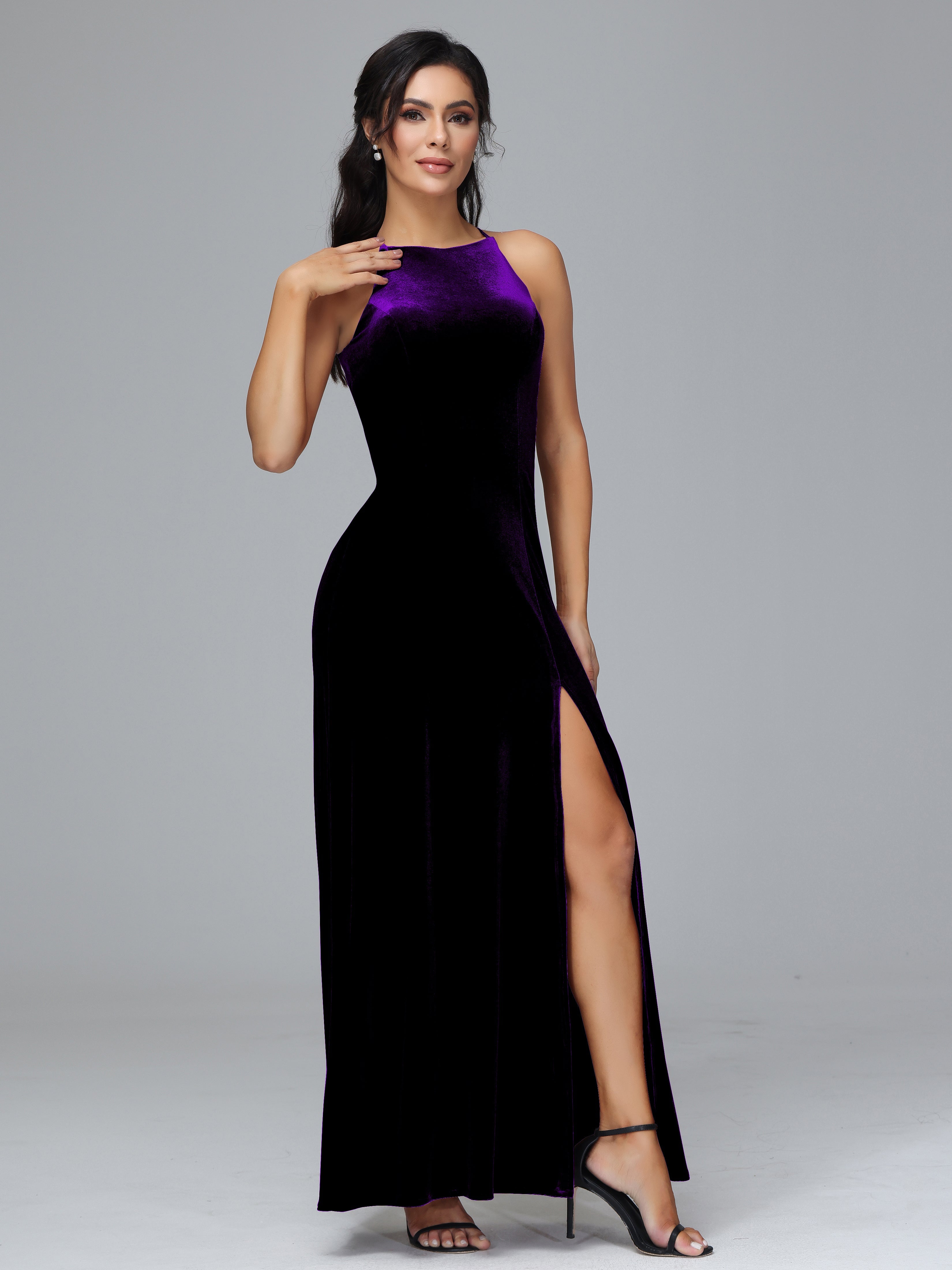 Halter Open Back Velvet Bridesmaid Dress