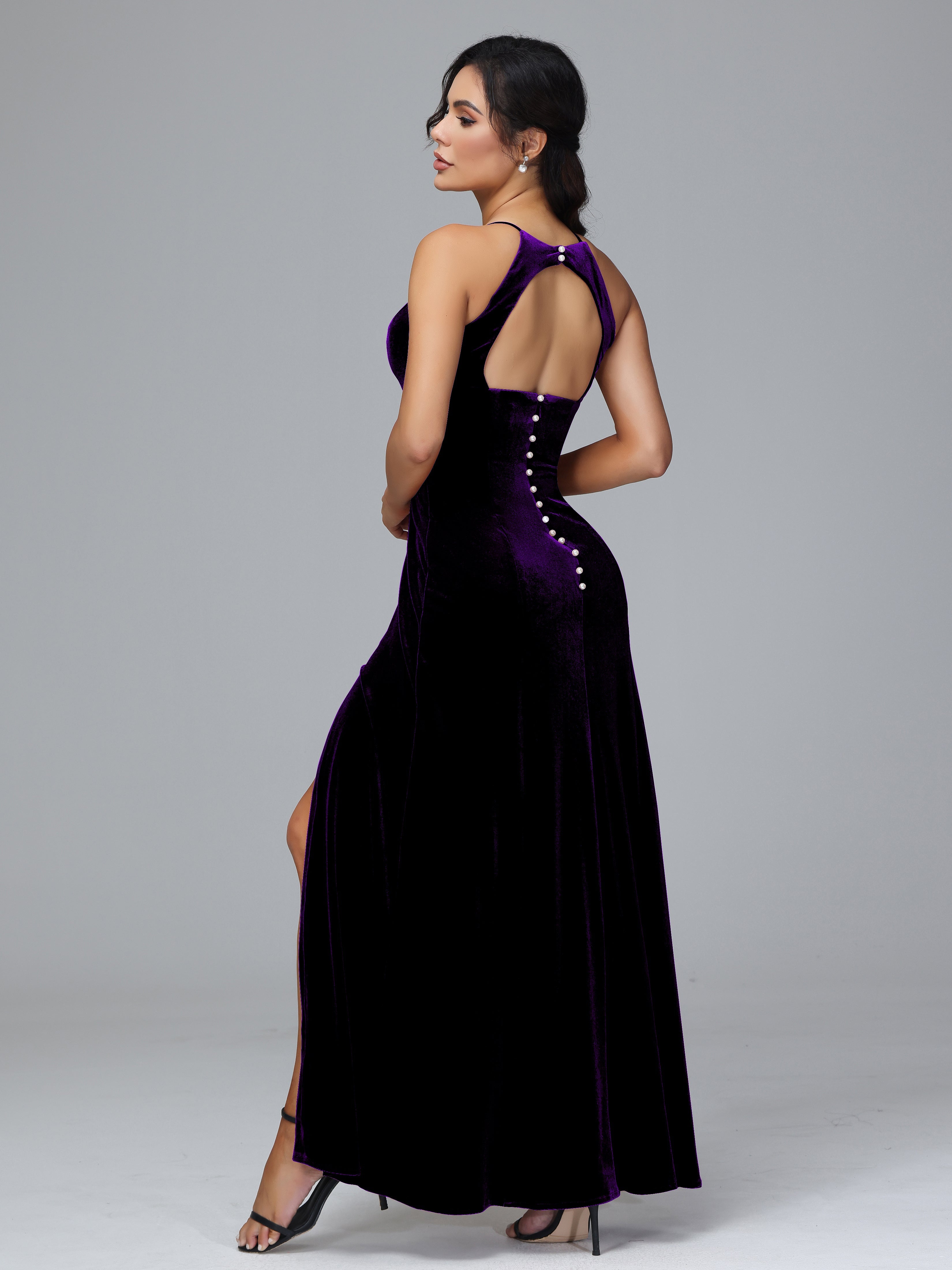 Halter Open Back Velvet Bridesmaid Dress