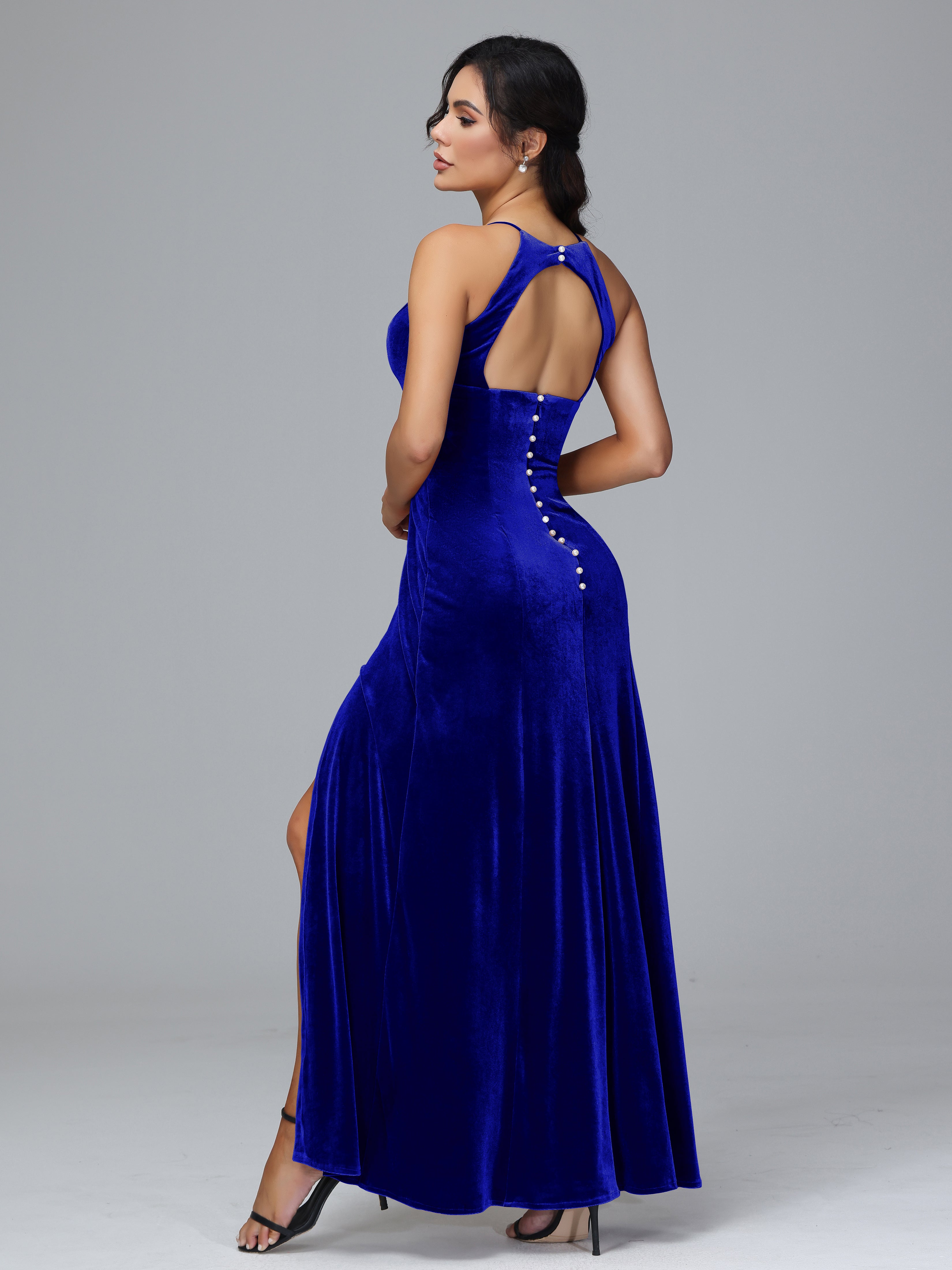 Halter Open Back Velvet Bridesmaid Dress