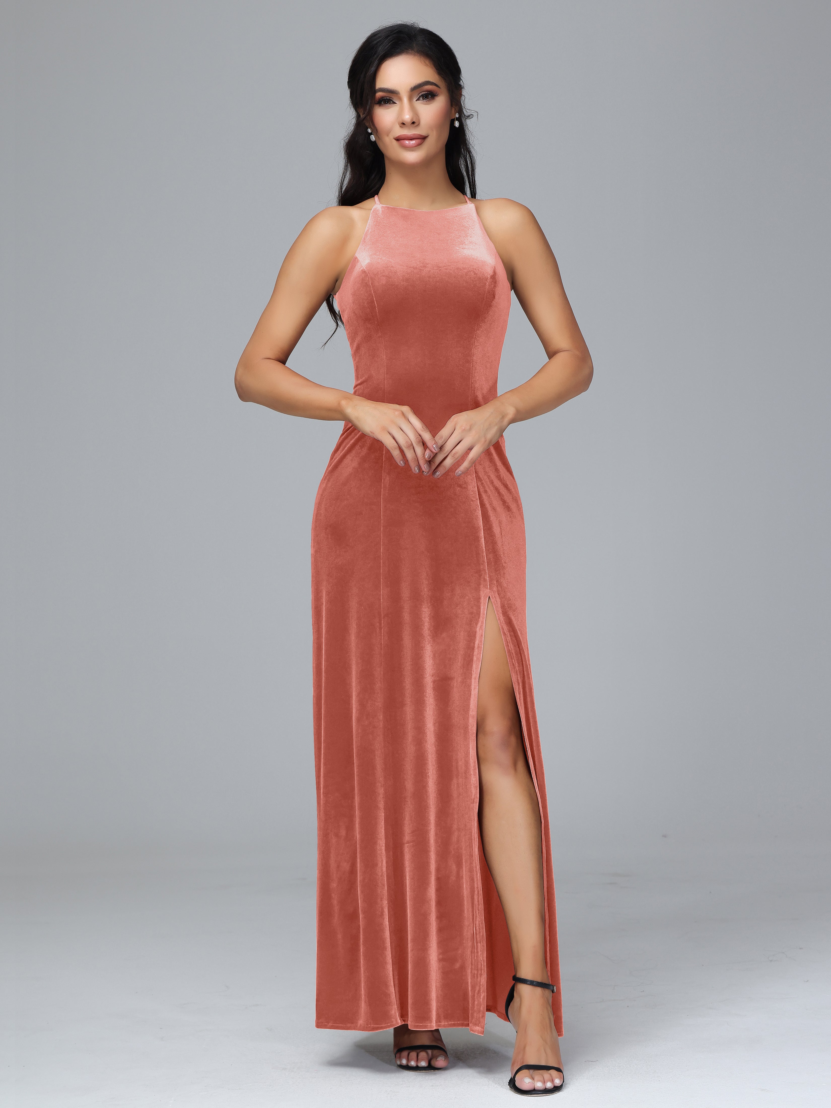 Halter Open Back Velvet Bridesmaid Dress