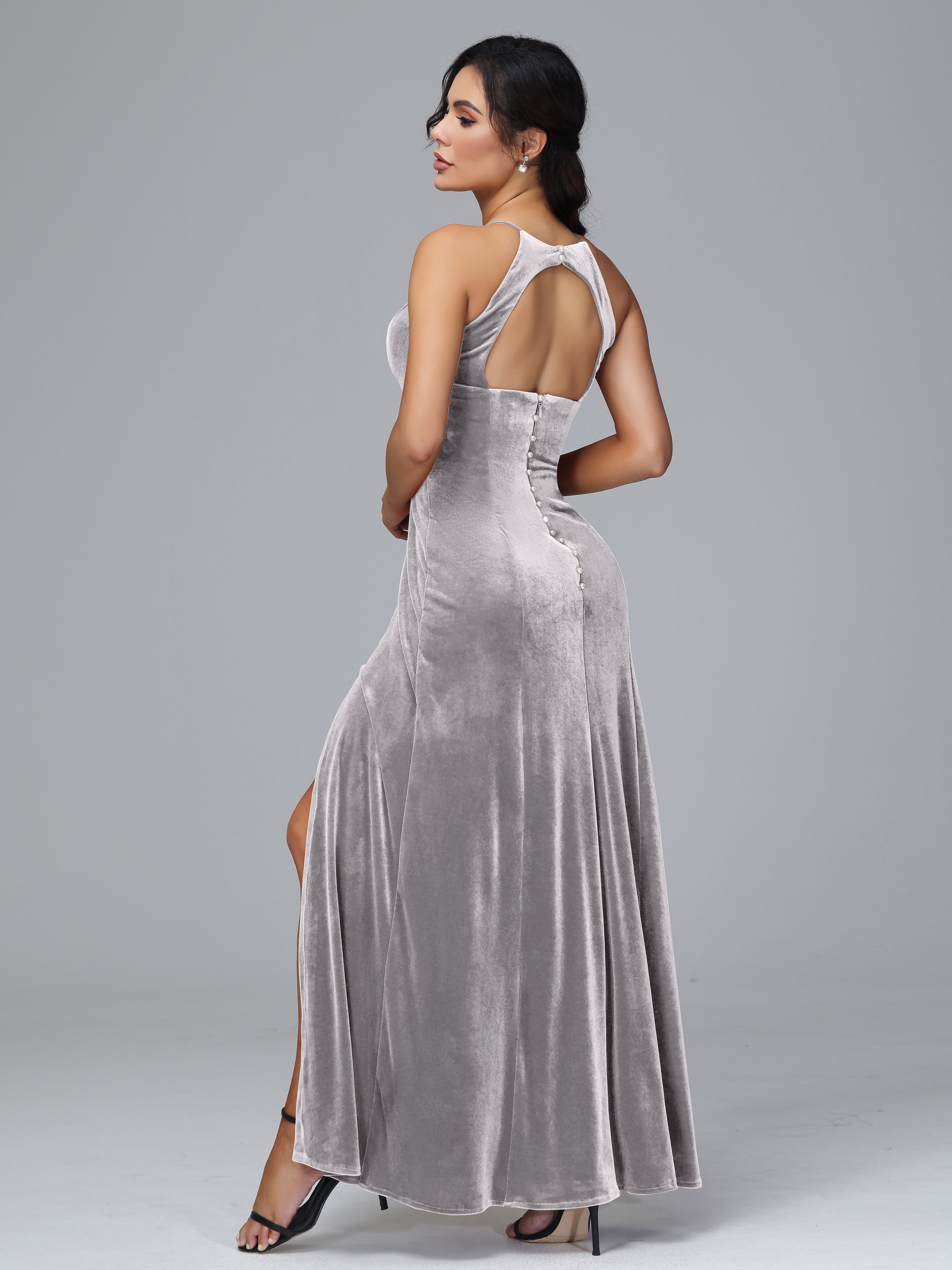 Halter Open Back Velvet Bridesmaid Dress