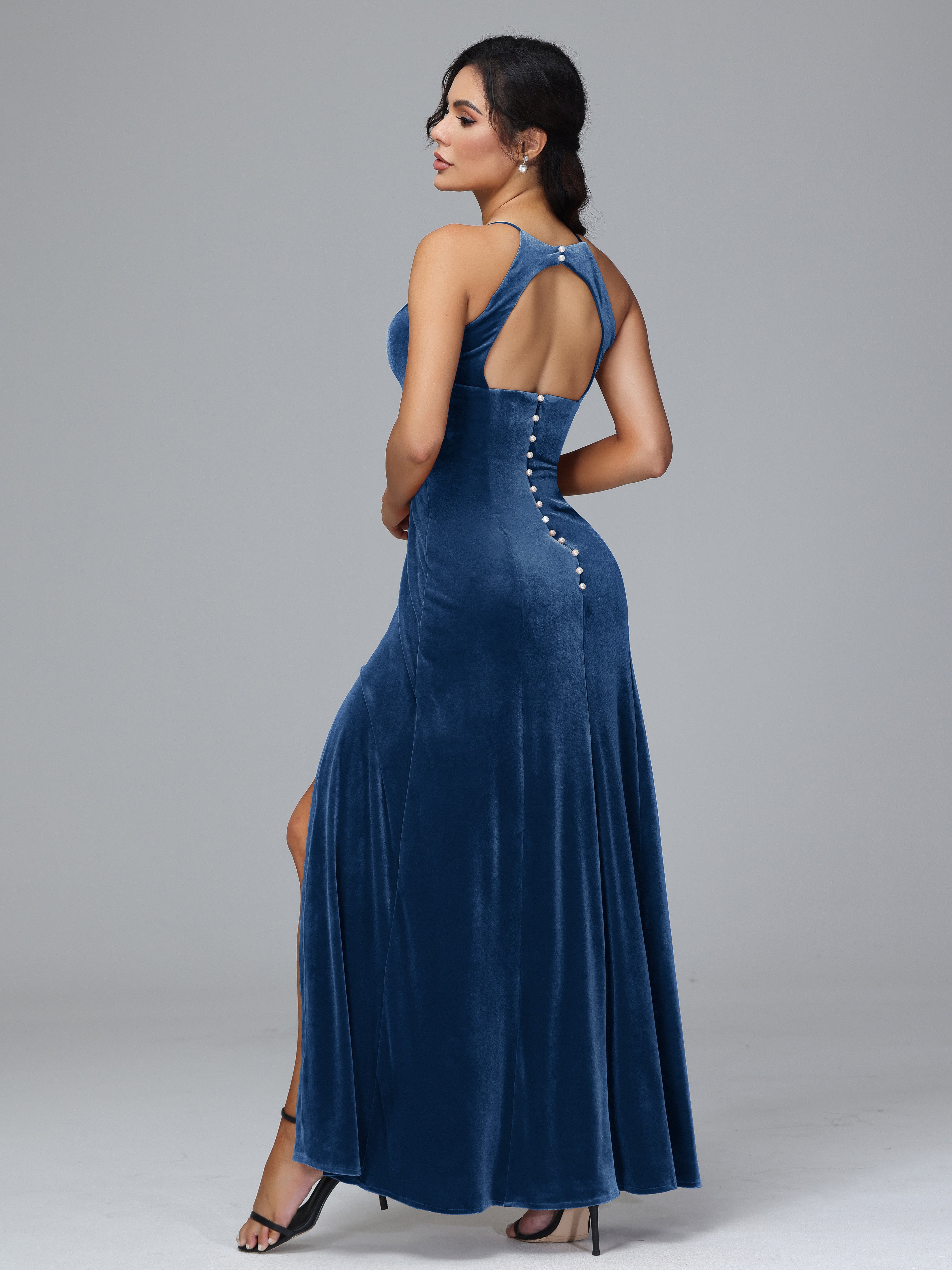 Halter Open Back Velvet Bridesmaid Dress