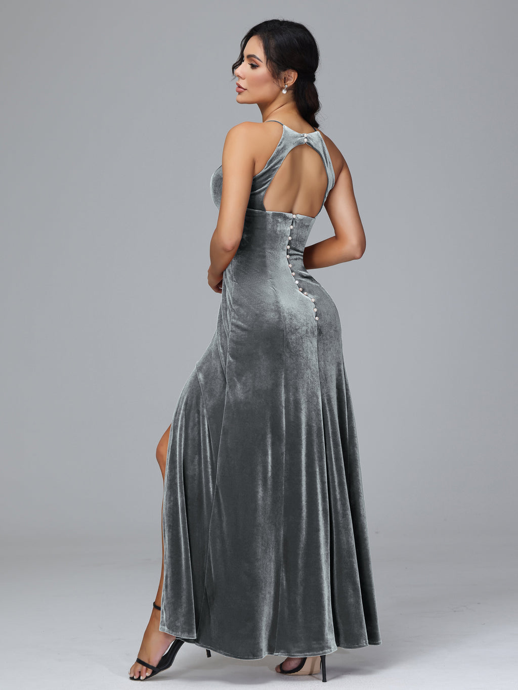 Halter Open Back Velvet Bridesmaid Dress