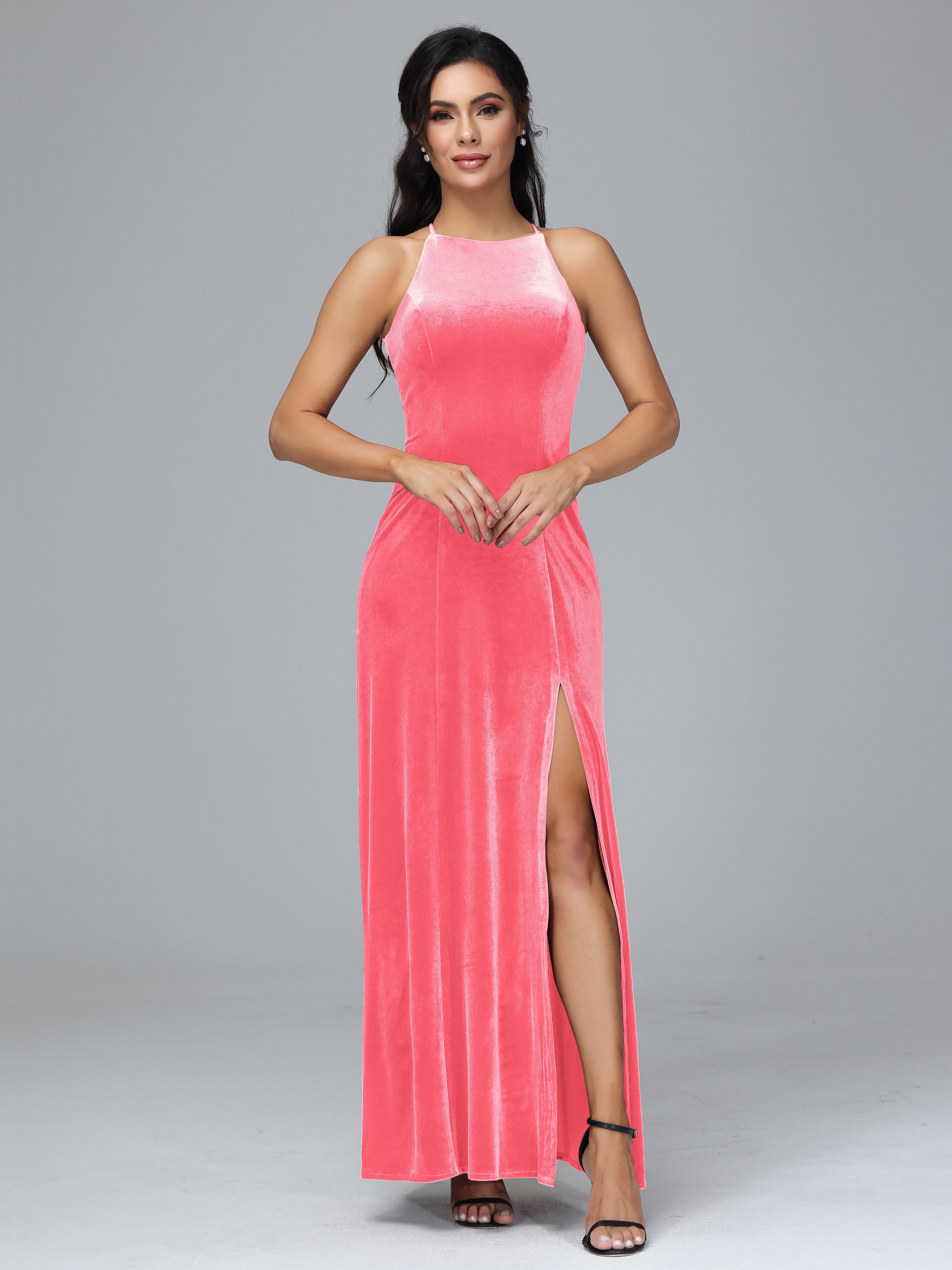 Halter Open Back Velvet Bridesmaid Dress