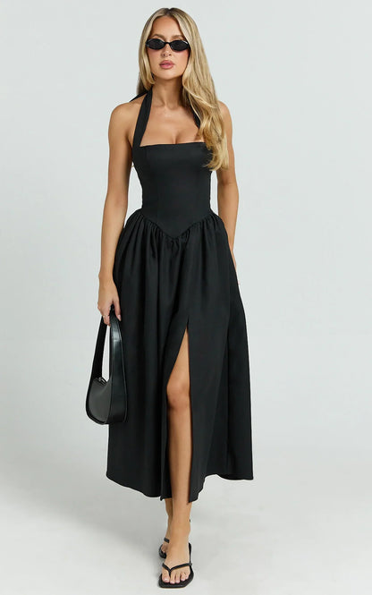 Helda Midi Dress Halter Tie Neck Corset Panel Dress in Black