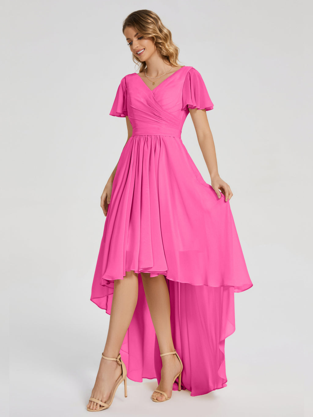 Evangeline High Low Short Sleeves Chiffon Bridesmaid Dress