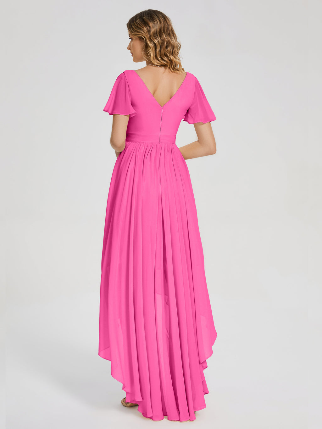 Evangeline High Low Short Sleeves Chiffon Bridesmaid Dress