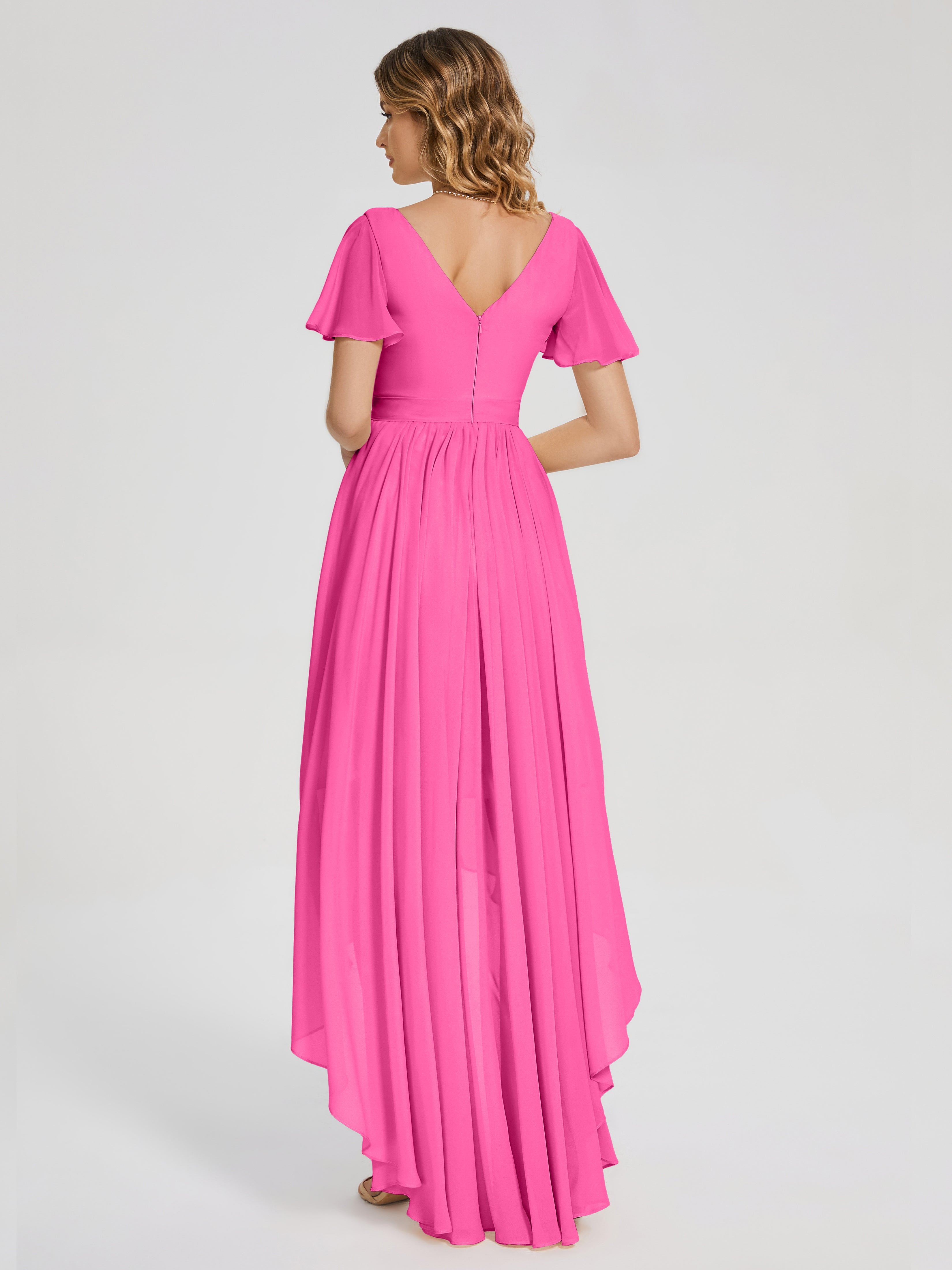 Evangeline High Low Short Sleeves Chiffon Bridesmaid Dress