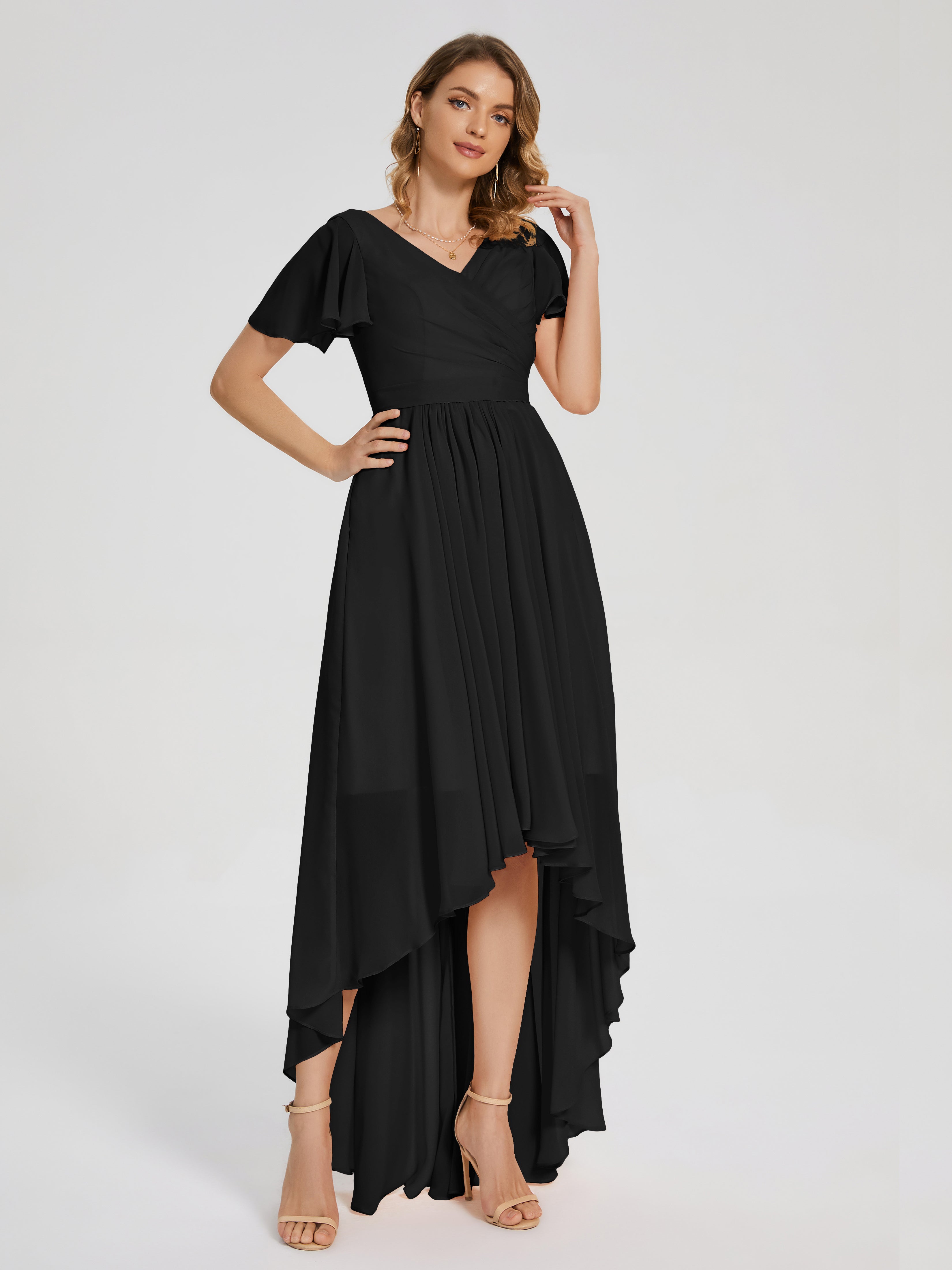 Evangeline High Low Short Sleeves Chiffon Bridesmaid Dress