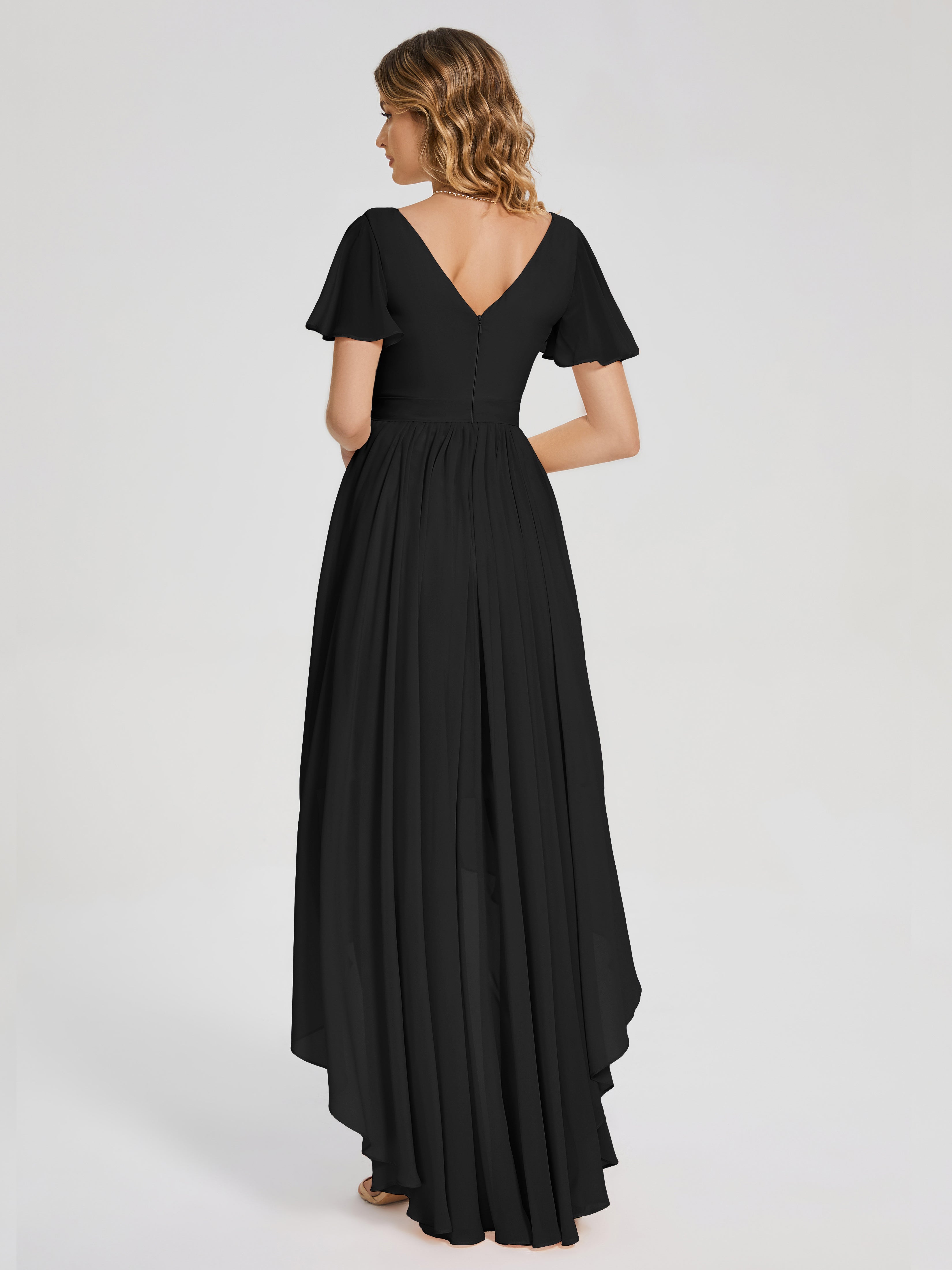 Evangeline High Low Short Sleeves Chiffon Bridesmaid Dress