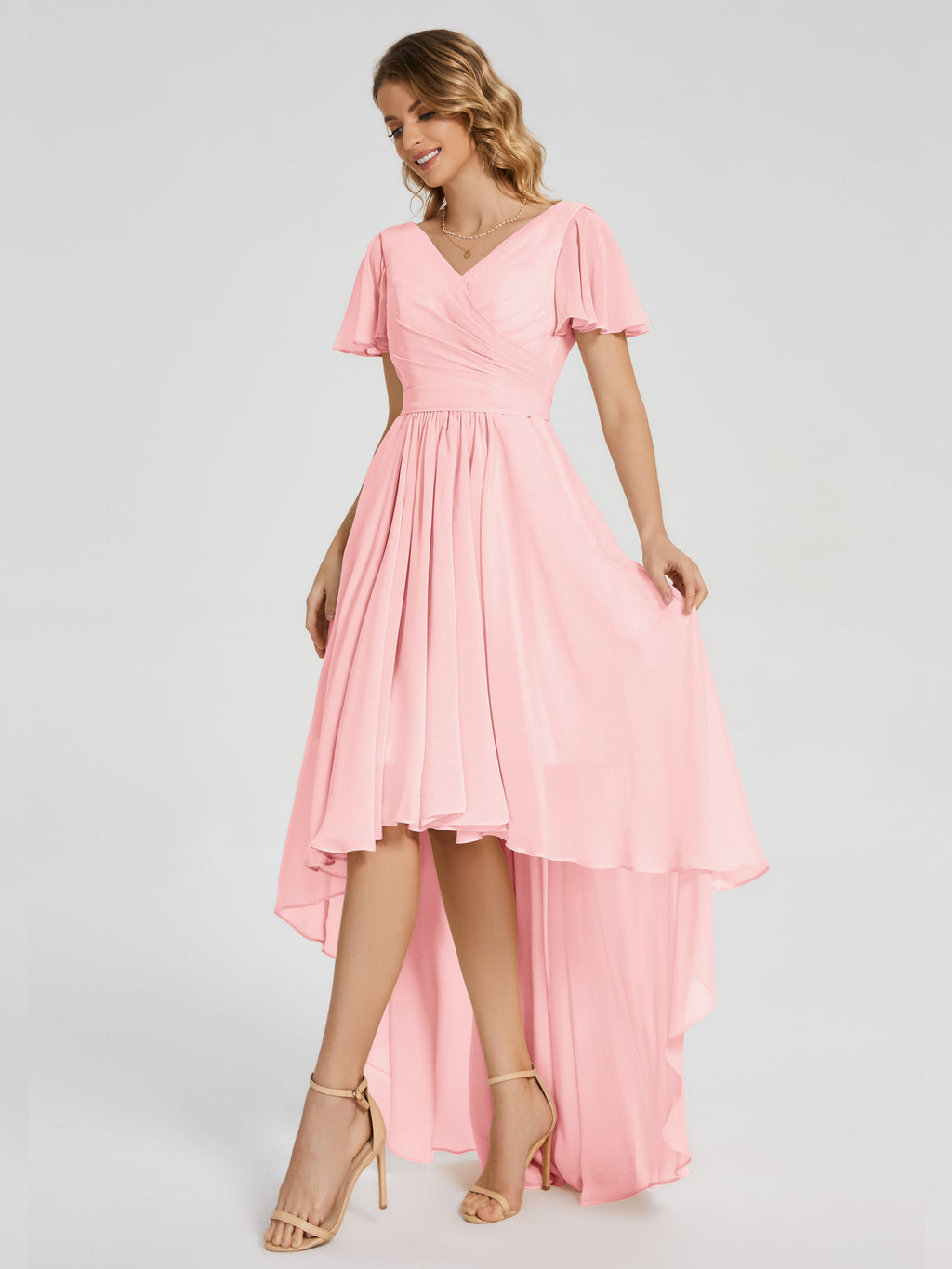 Evangeline High Low Short Sleeves Chiffon Bridesmaid Dress