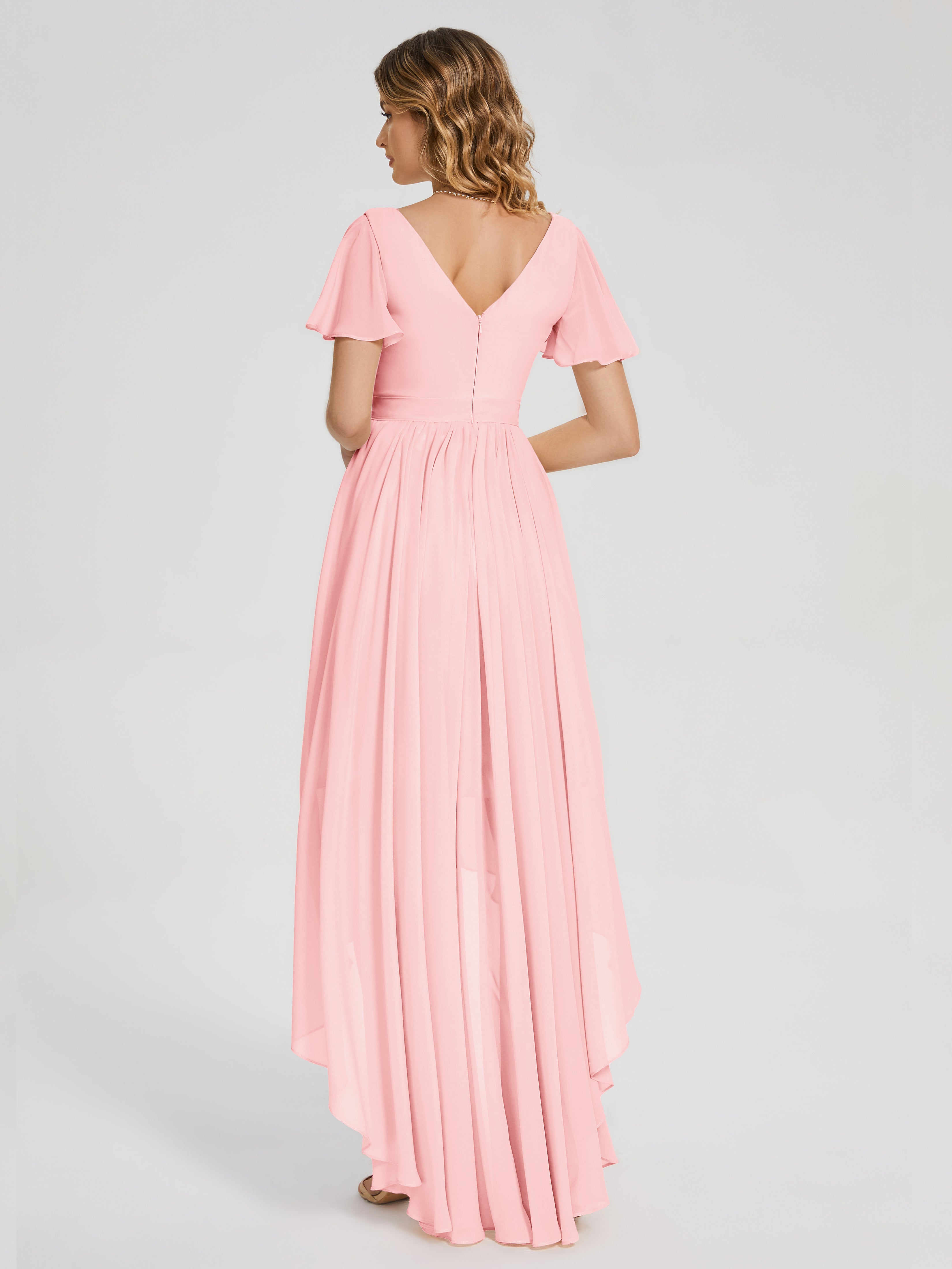 Evangeline High Low Short Sleeves Chiffon Bridesmaid Dress