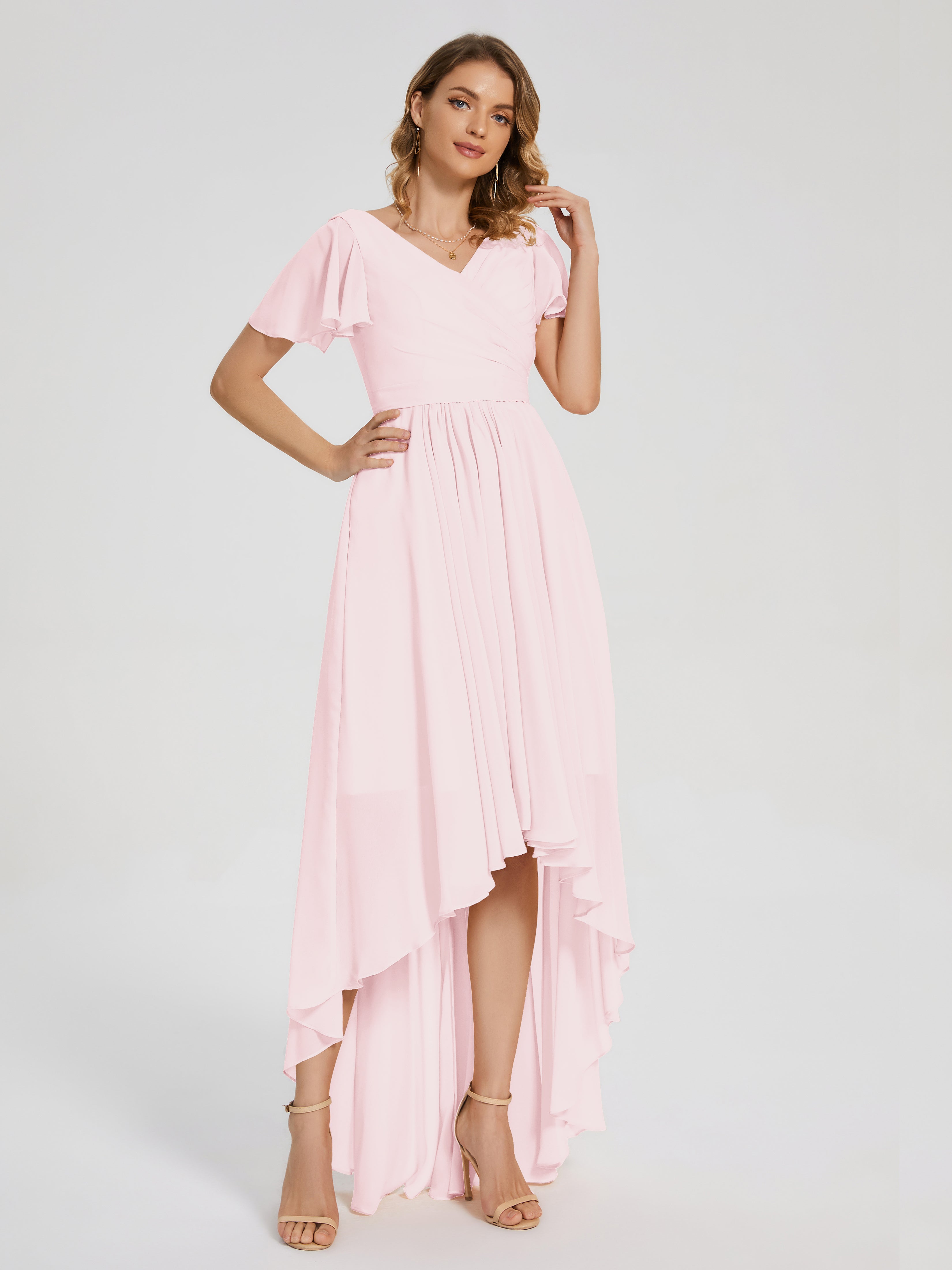 Evangeline High Low Short Sleeves Chiffon Bridesmaid Dress