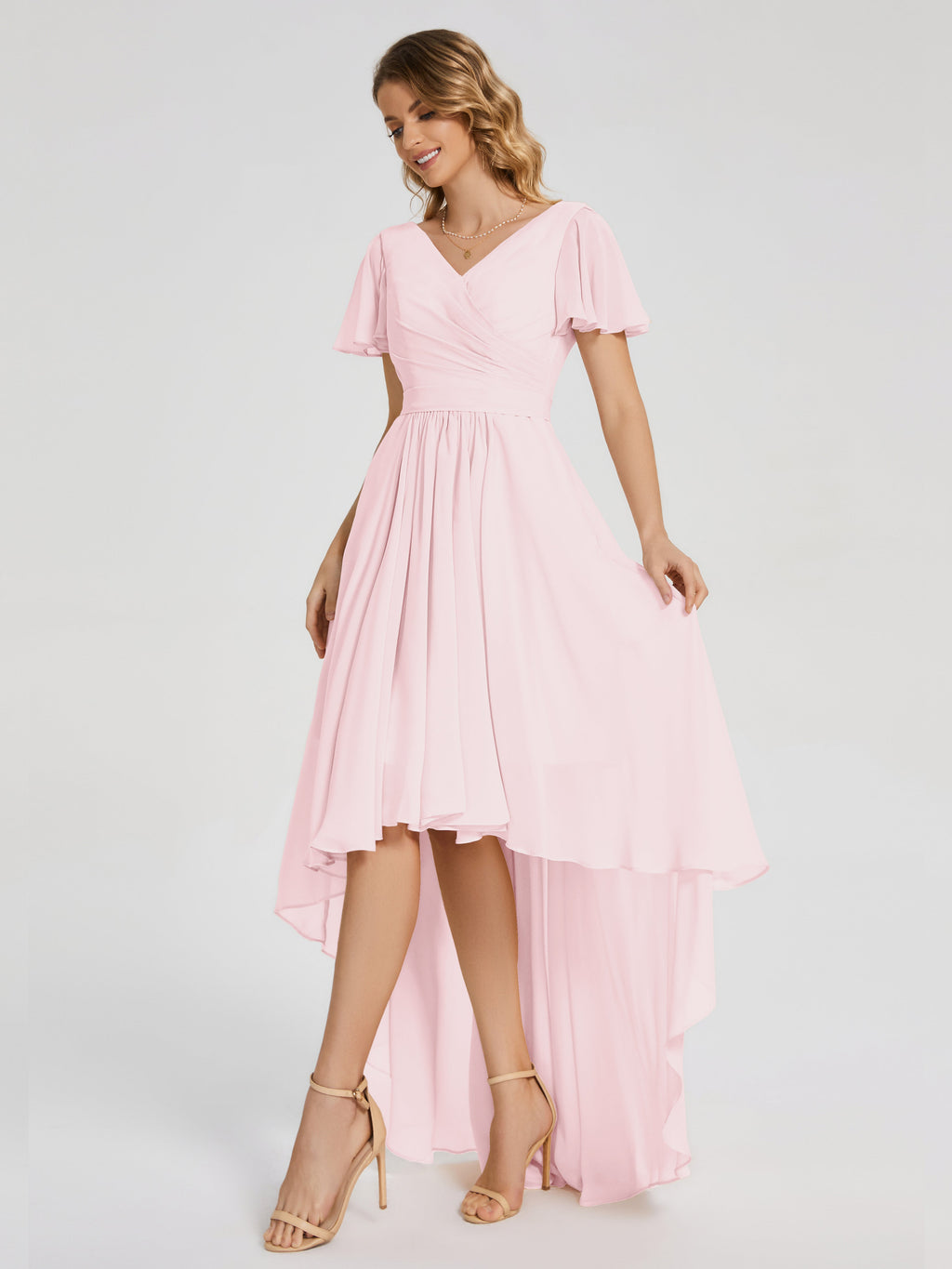Evangeline High Low Short Sleeves Chiffon Bridesmaid Dress