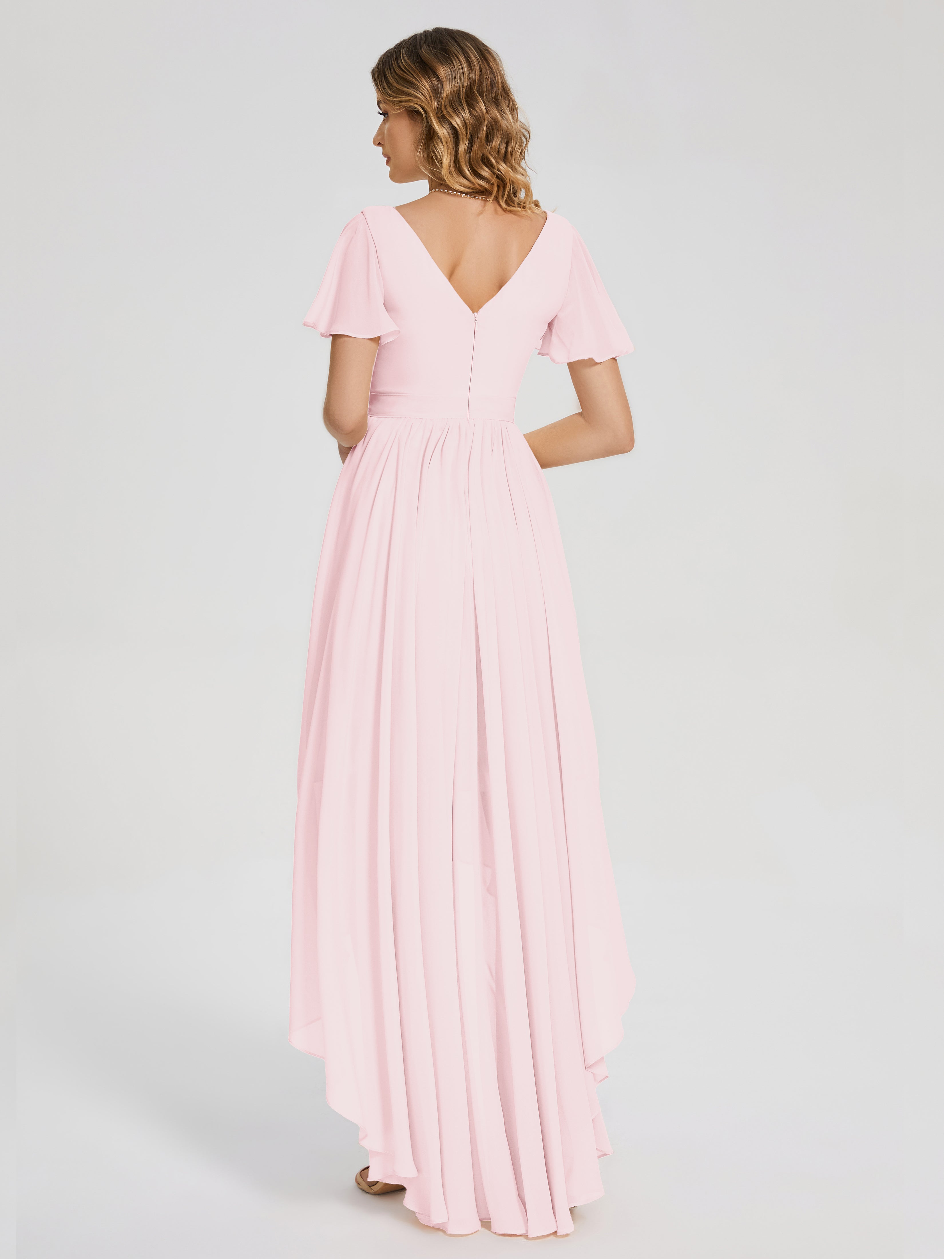 Evangeline High Low Short Sleeves Chiffon Bridesmaid Dress