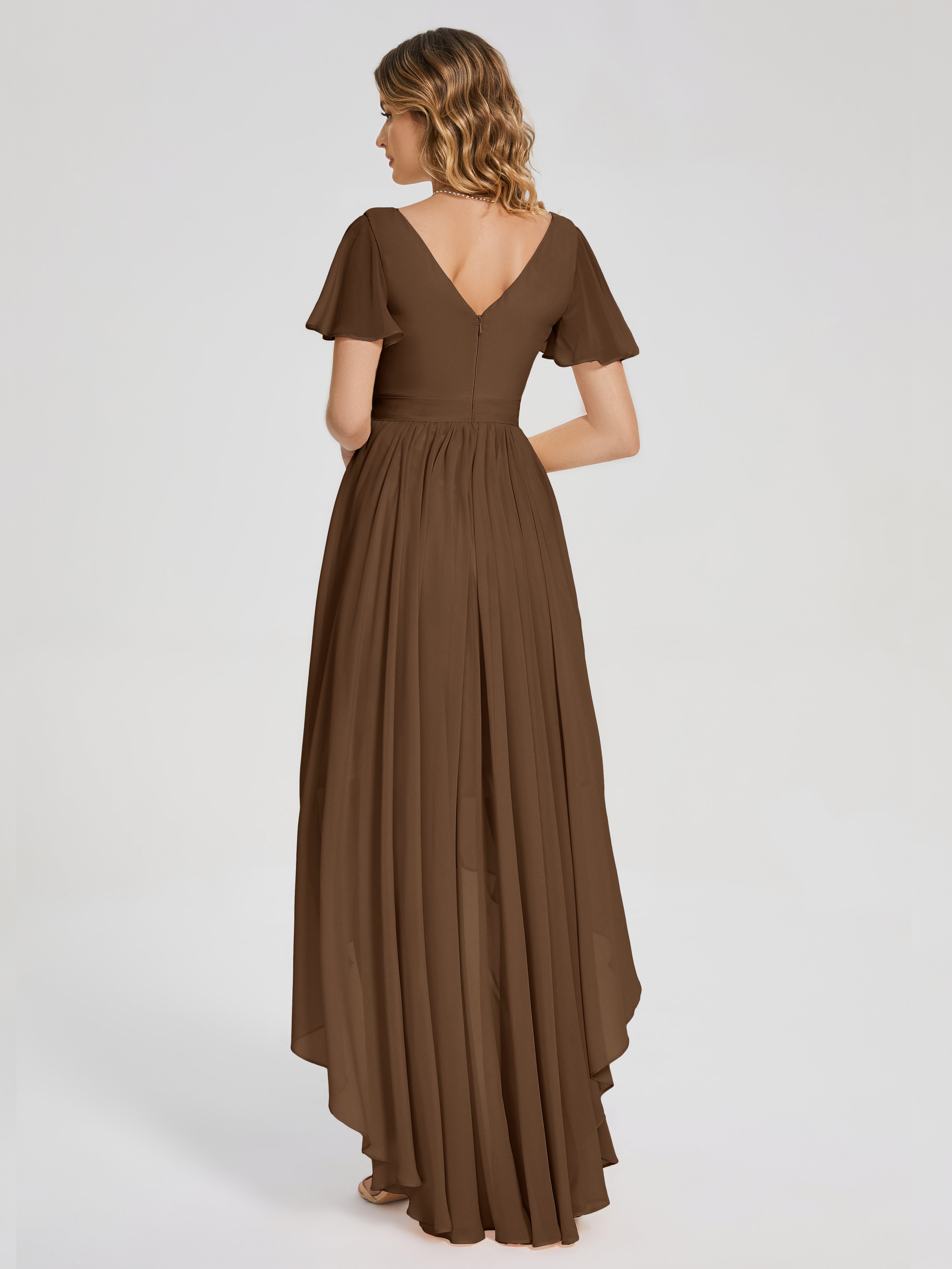 Evangeline High Low Short Sleeves Chiffon Bridesmaid Dress
