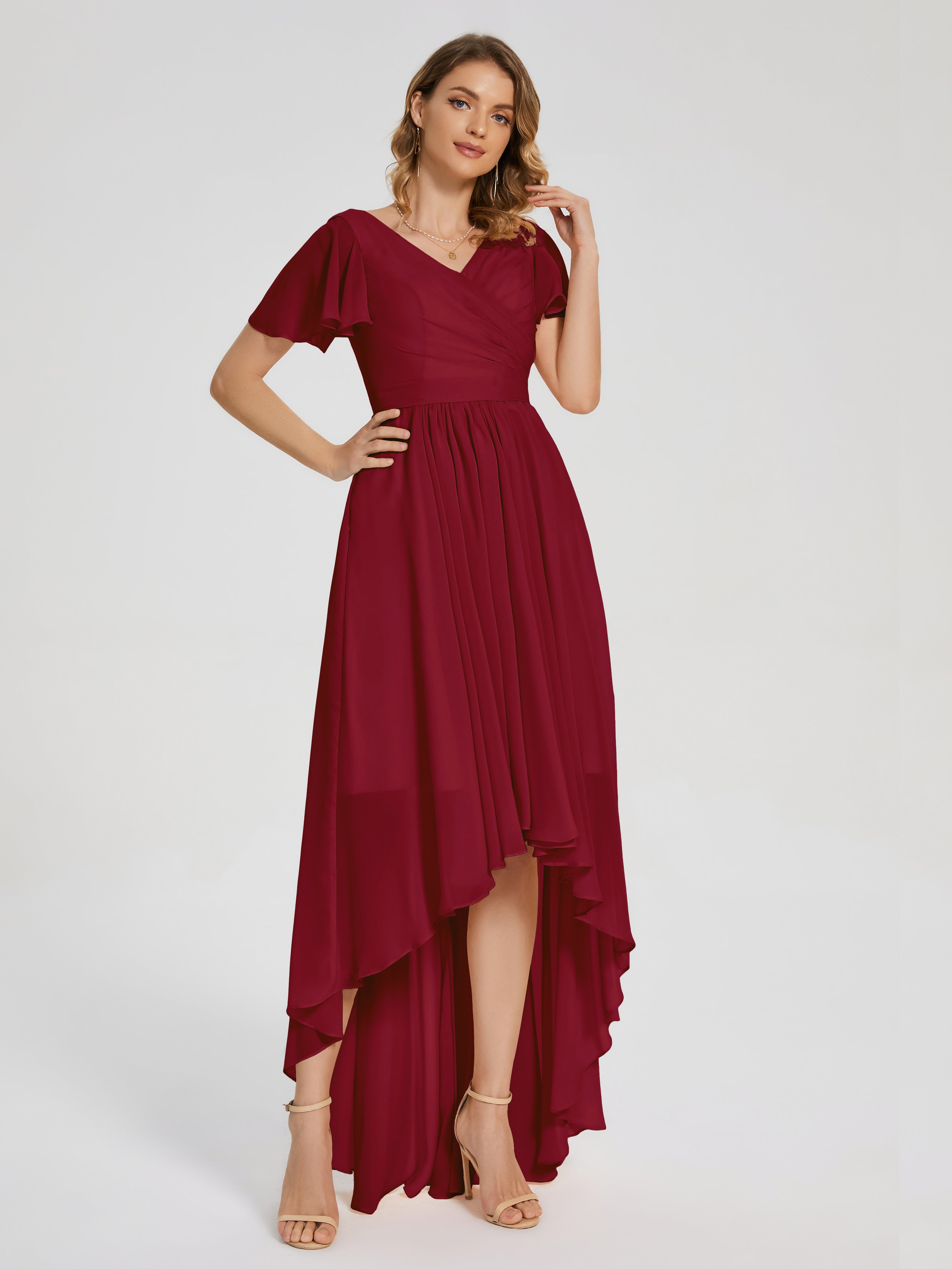 Evangeline High Low Short Sleeves Chiffon Bridesmaid Dress