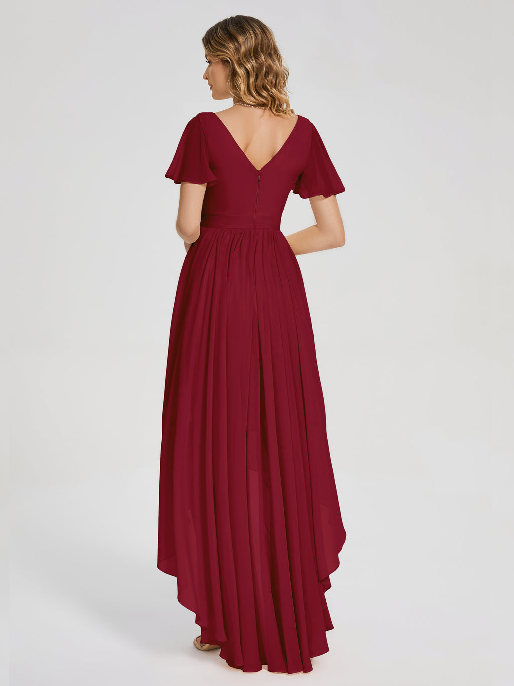 Evangeline High Low Short Sleeves Chiffon Bridesmaid Dress