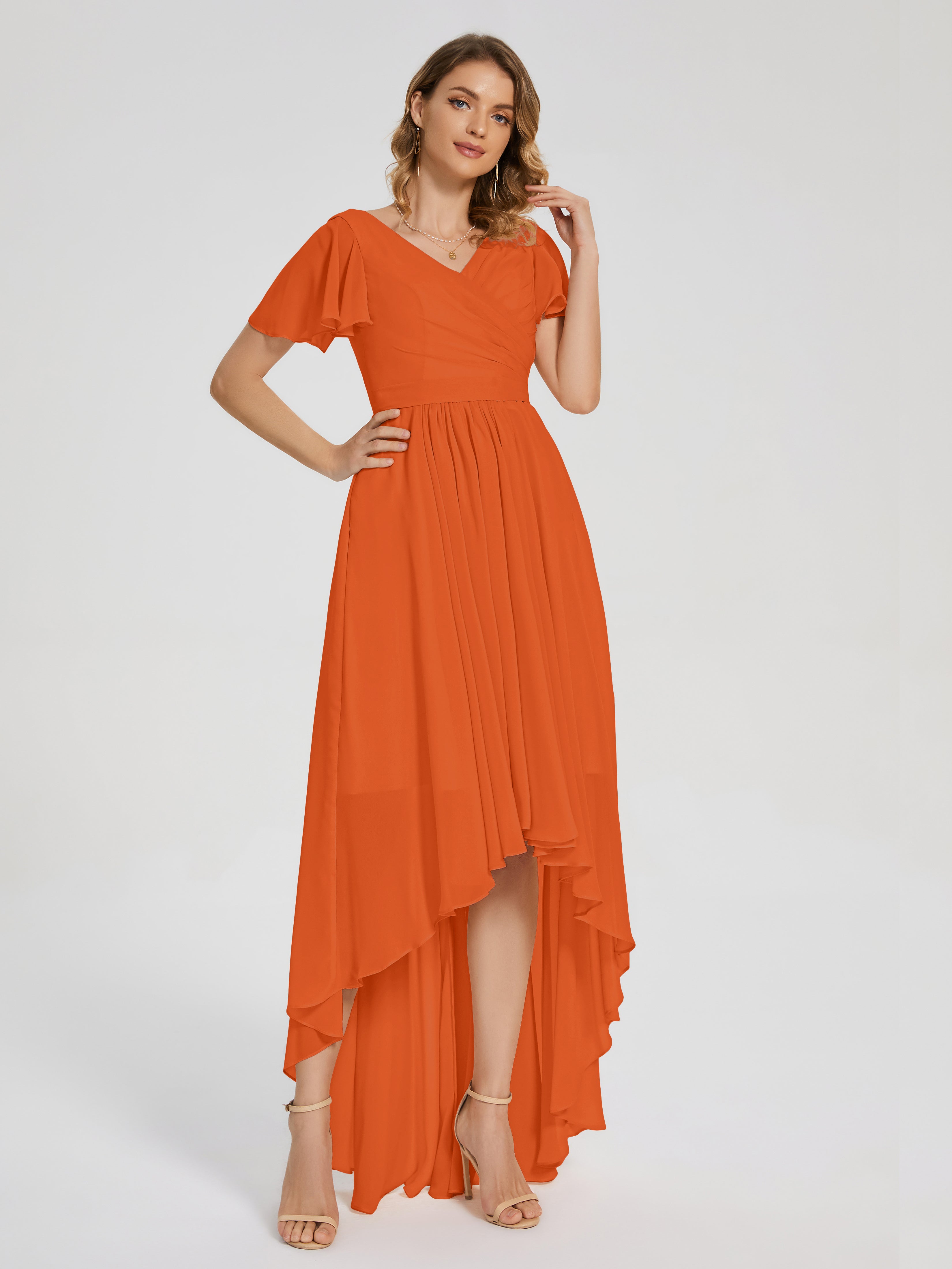 Evangeline High Low Short Sleeves Chiffon Bridesmaid Dress